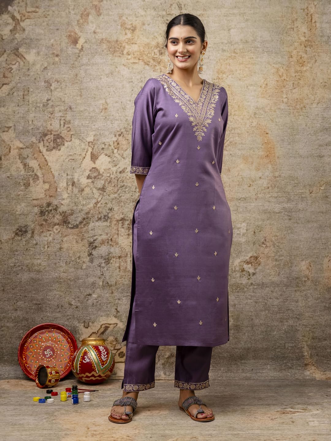 VredeVogel Women's Embroidered Kurta Set - Levender - Image 3