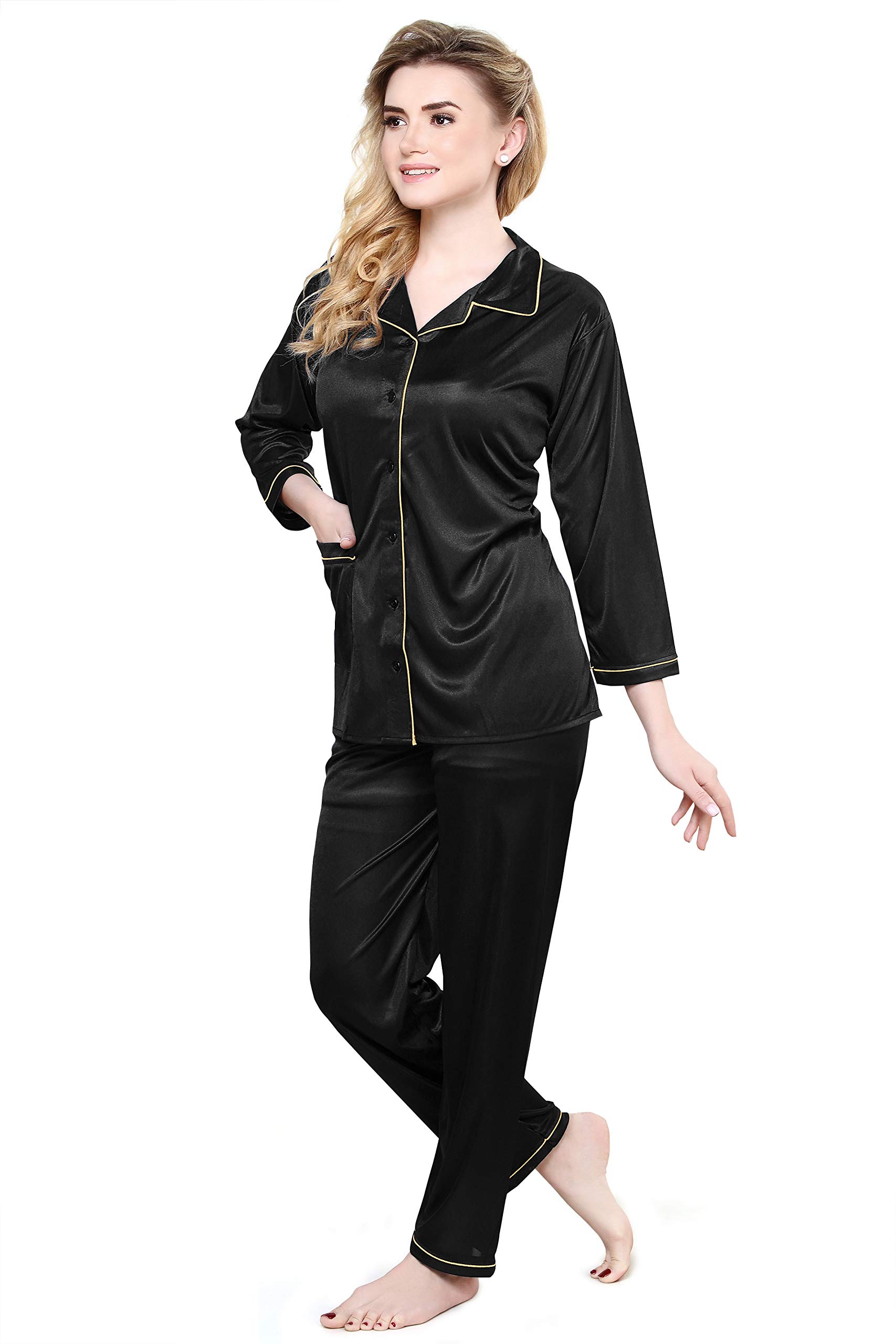 TIGYWIGY Women's Satin Pajama Set - Black - Image 4