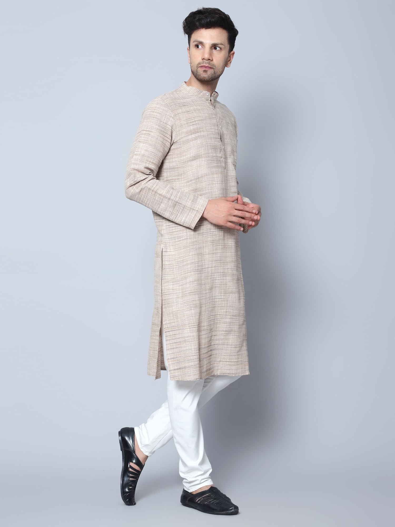 GarbGlide Men's Cotton Long Kurta - Beige - Image 4