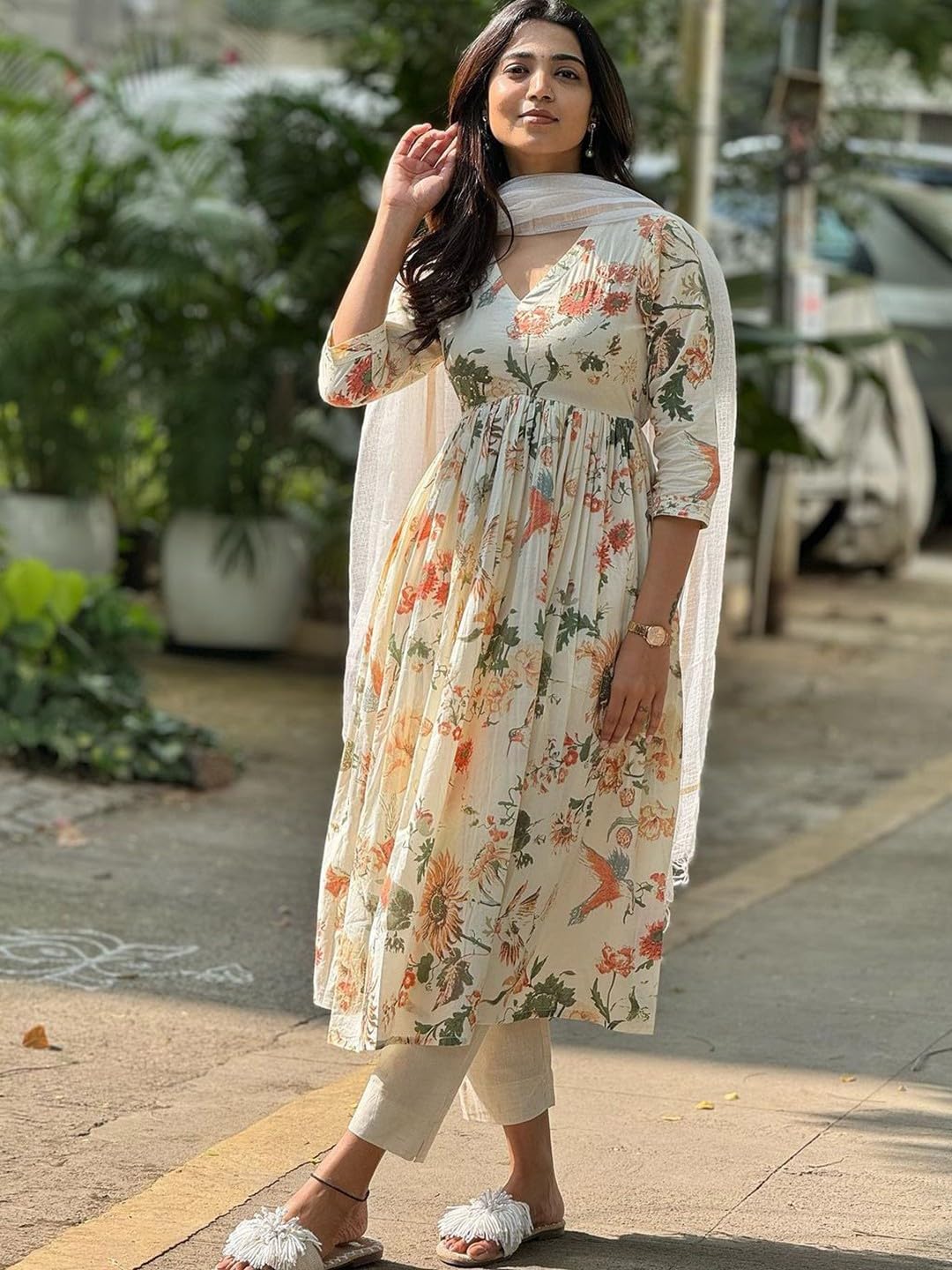 GoSriKi Women's Rayon Blend Anarkali Kurta - Cream - Image 3