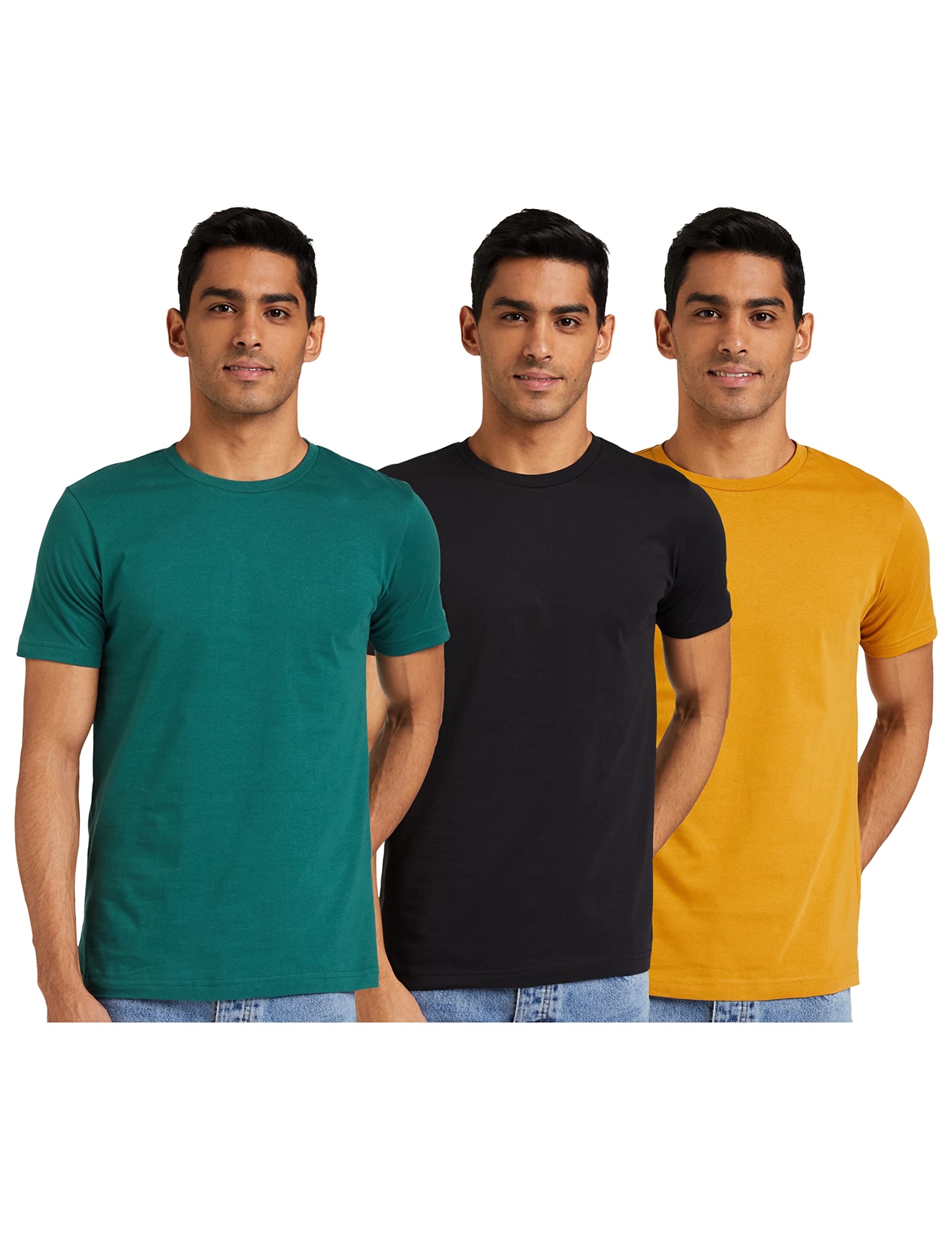 Men's Cotton T-Shirts - Viridian, IncaGold, JetBlack 3 Pack