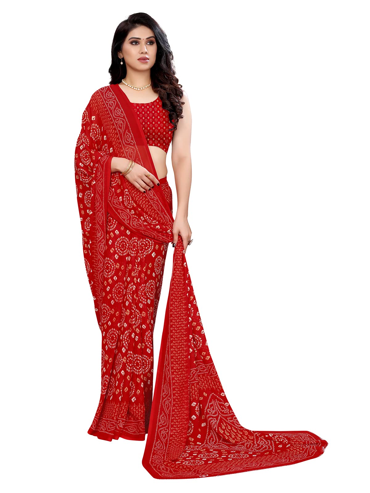 SIRIL Women's Georgette Bandhani Printed Saree - Red - Image 4