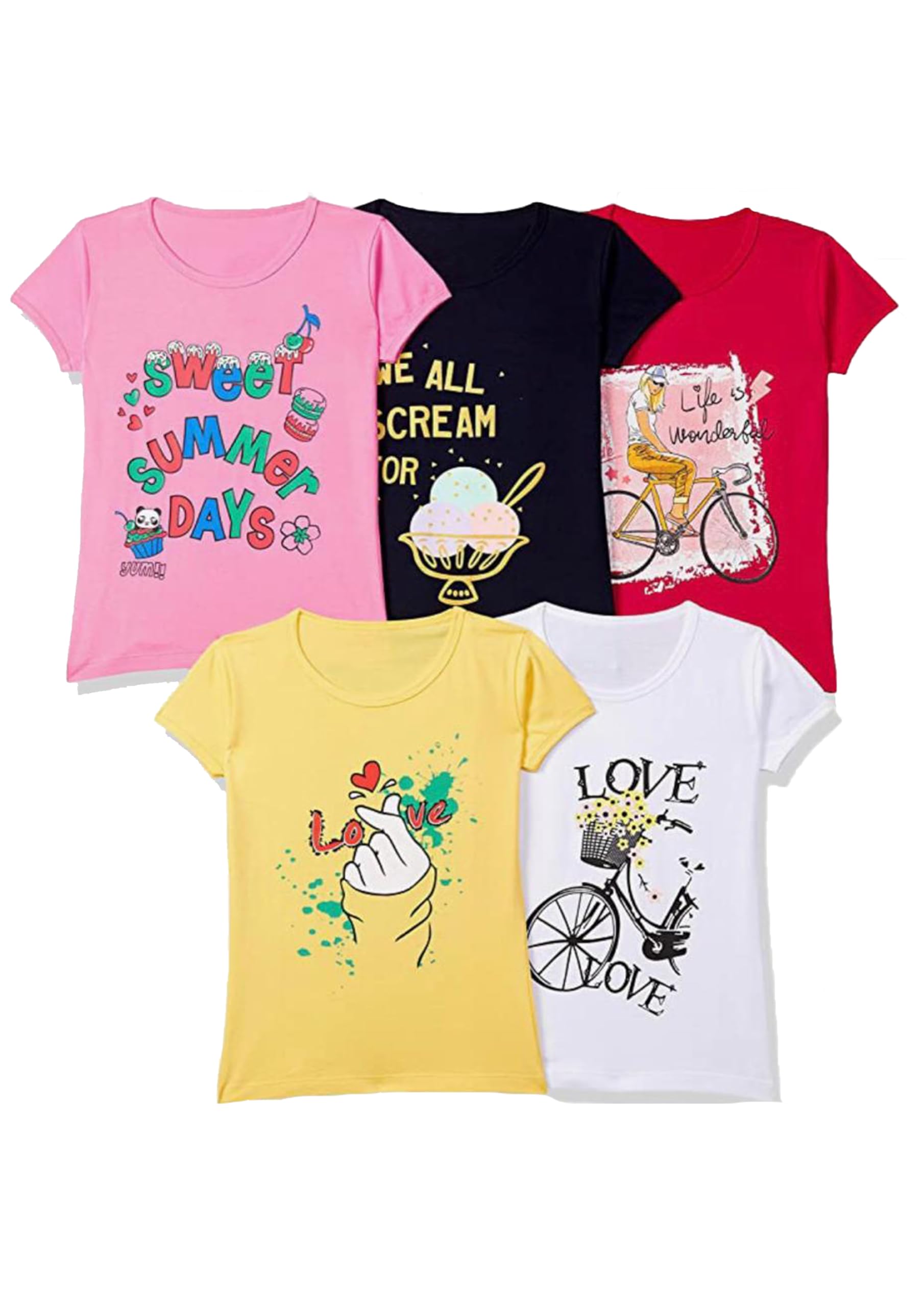 T2F Girl's Multicolor Plain Tee - Soft Cotton