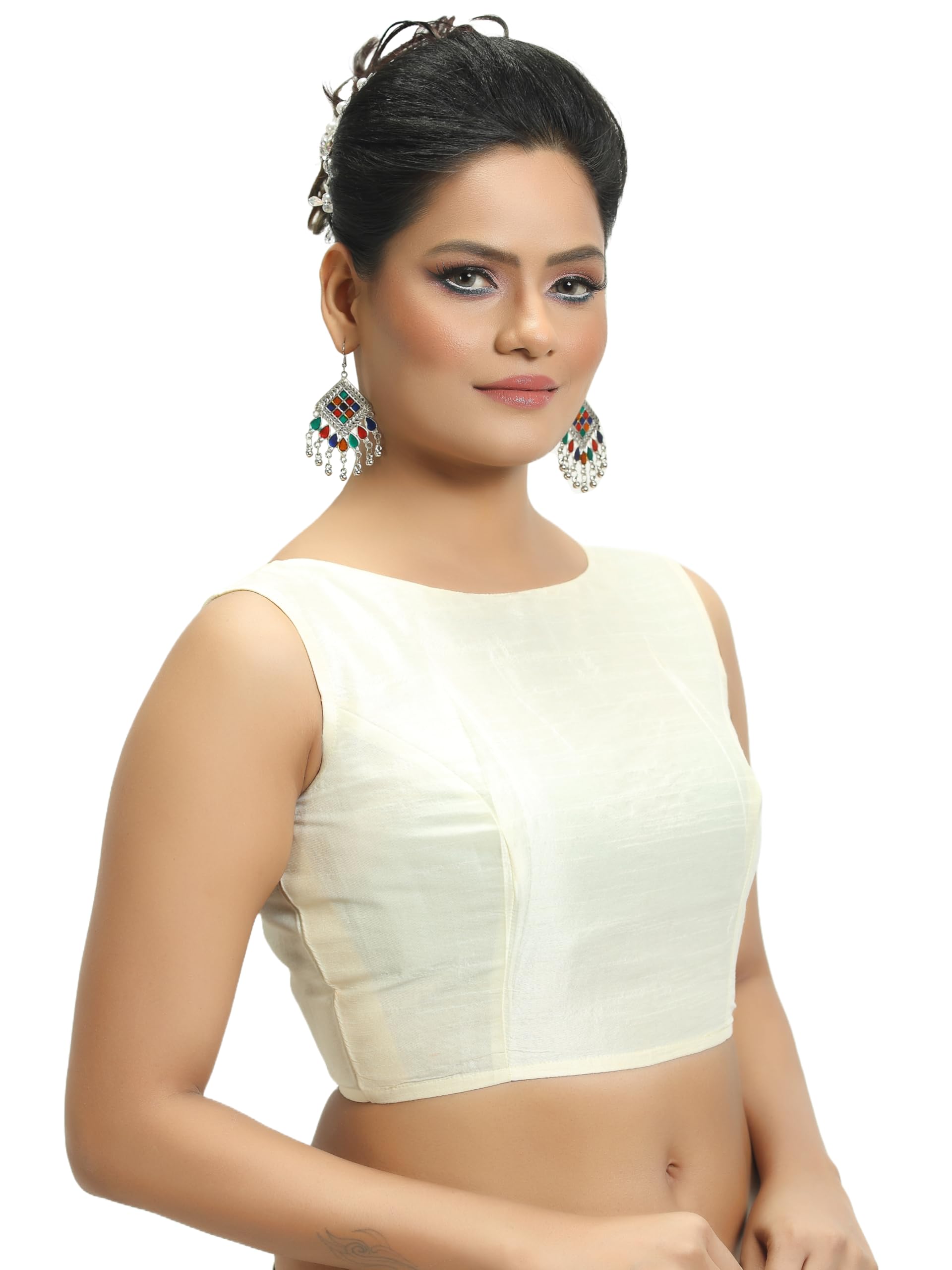 Madhu Fashion Cream Silk Sleeveless Saree Blouse for Women - Image 4