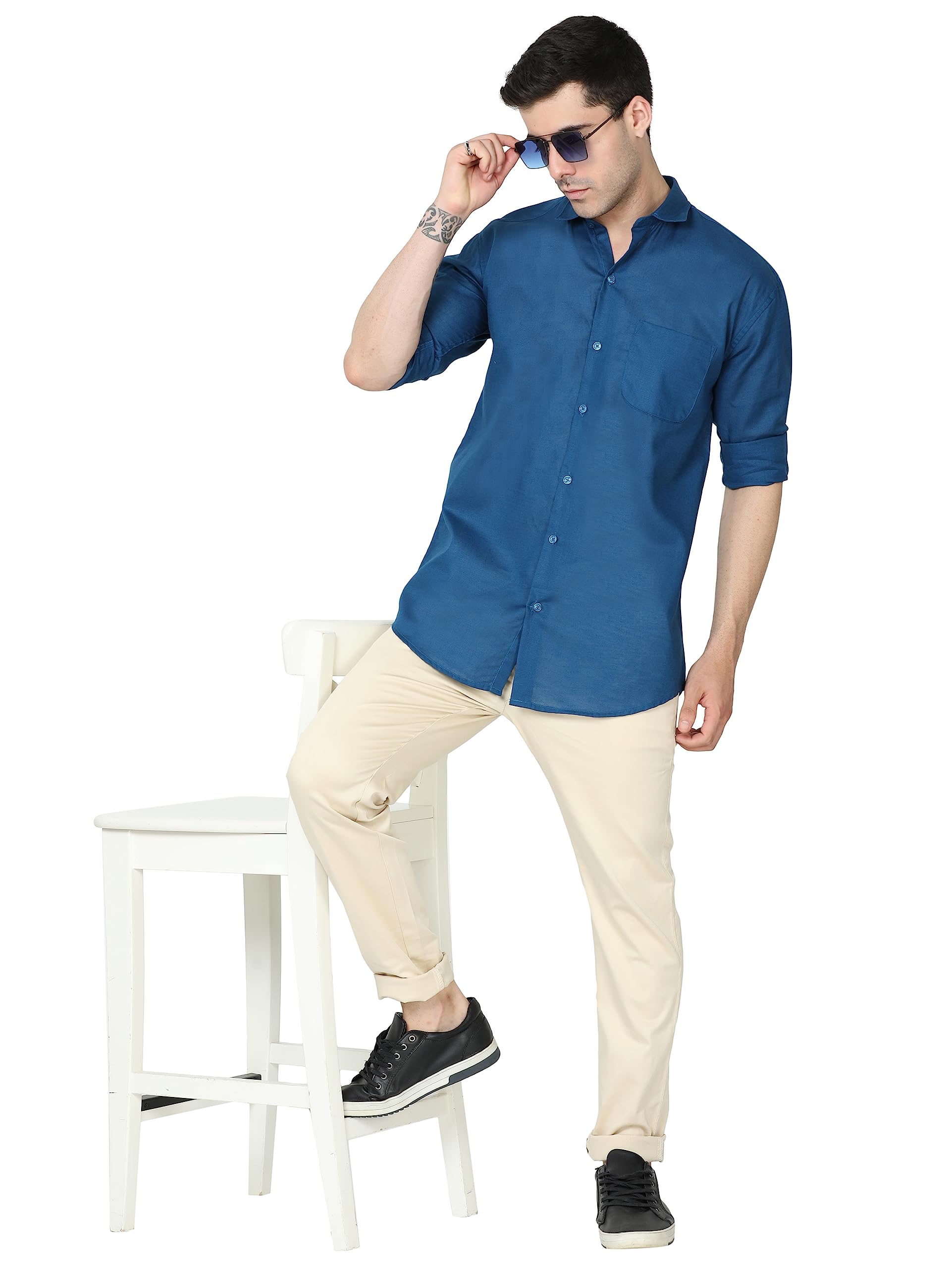 Miraan Men's Linen Cotton Shirt - Teal Blue - Image 5