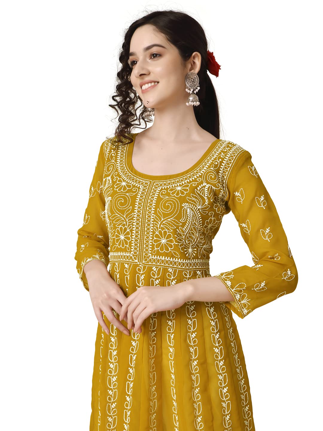 EthnicJunction Women Georgette Chikankari Embroidered Anarkali Kurta - Mustard - Image 5