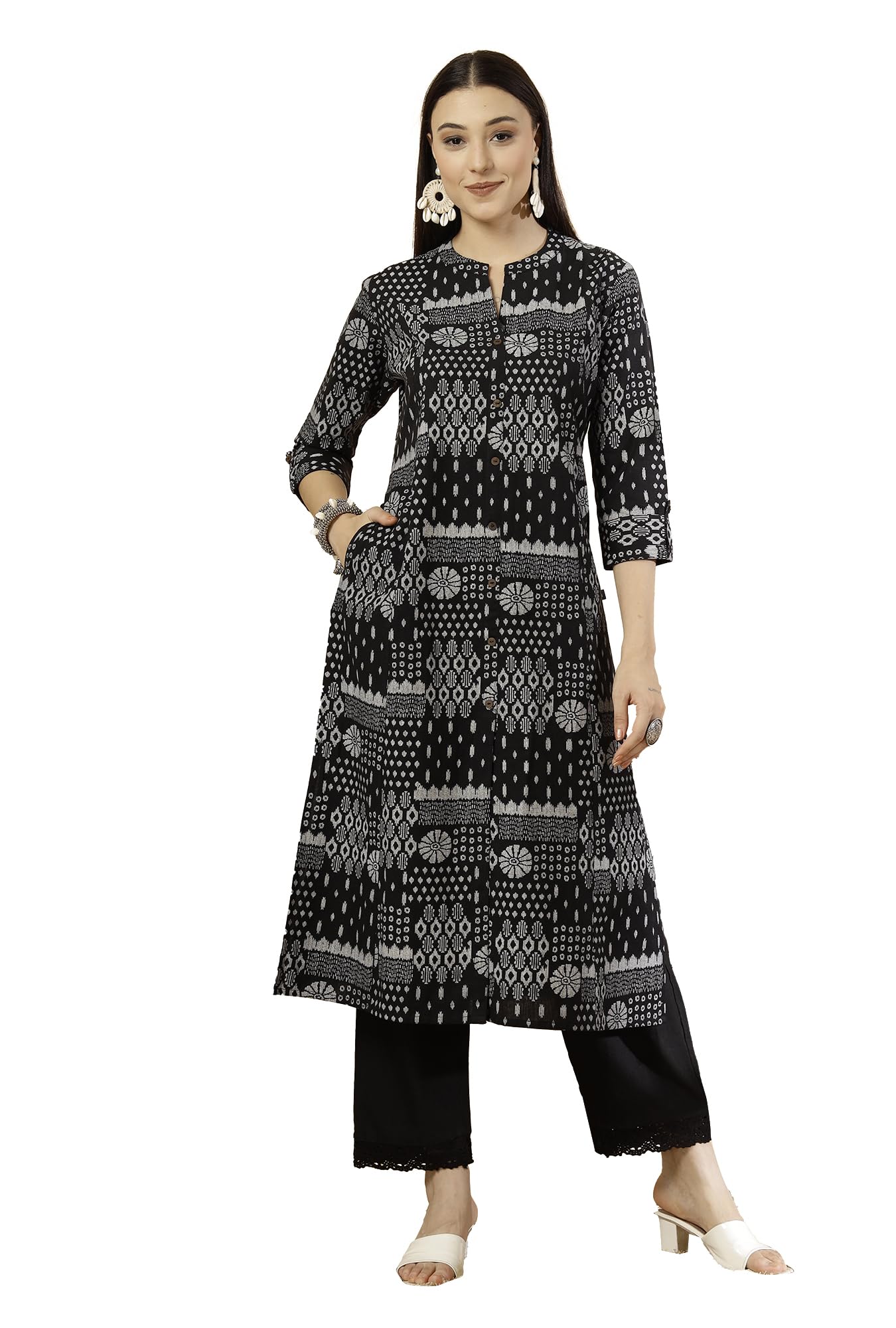 Pistaa Women's Cotton Floral Print A-Line Kurta - Ink Black