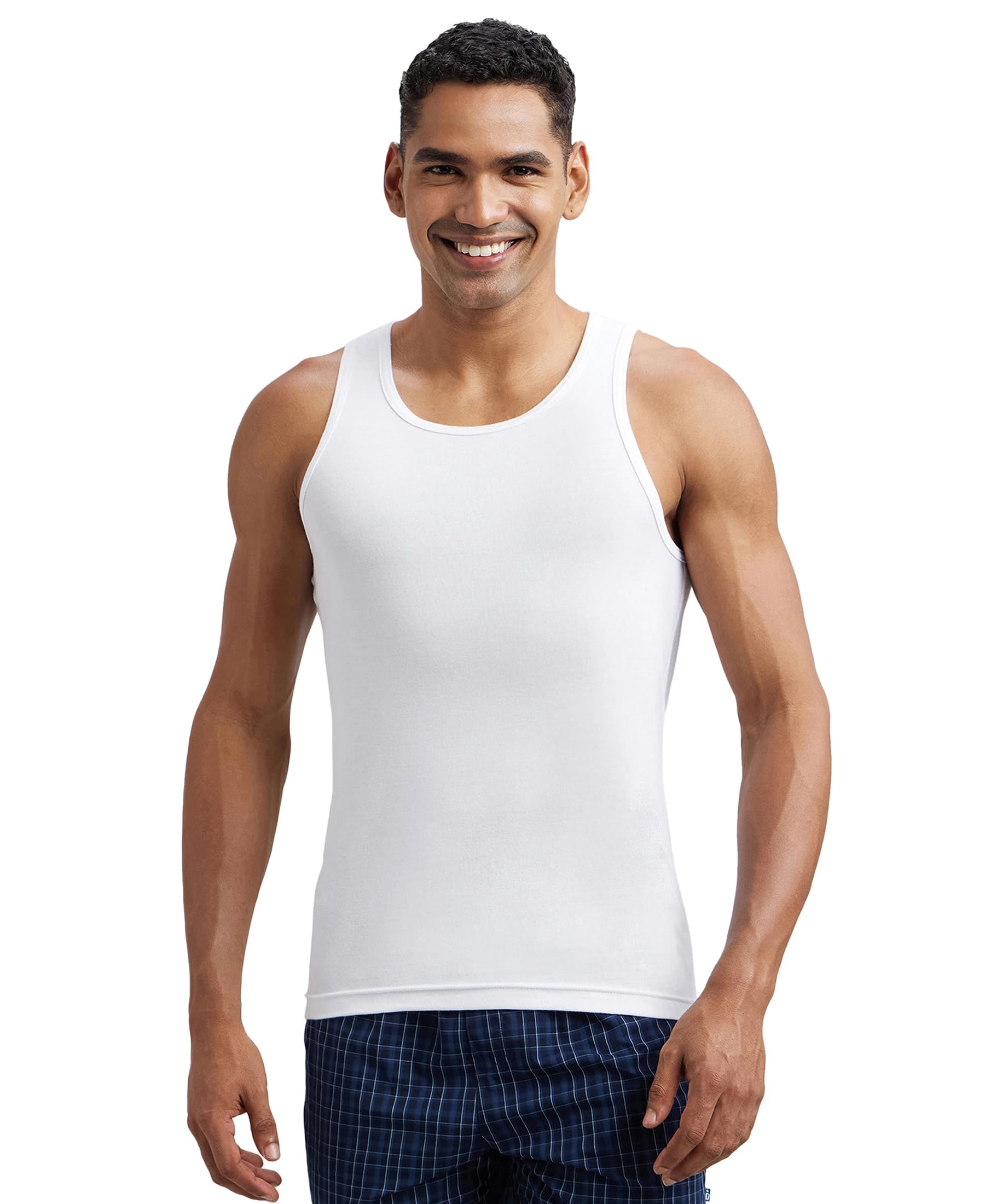 Jockey Men's Cotton Sleeveless Vest - White & Neon Blue