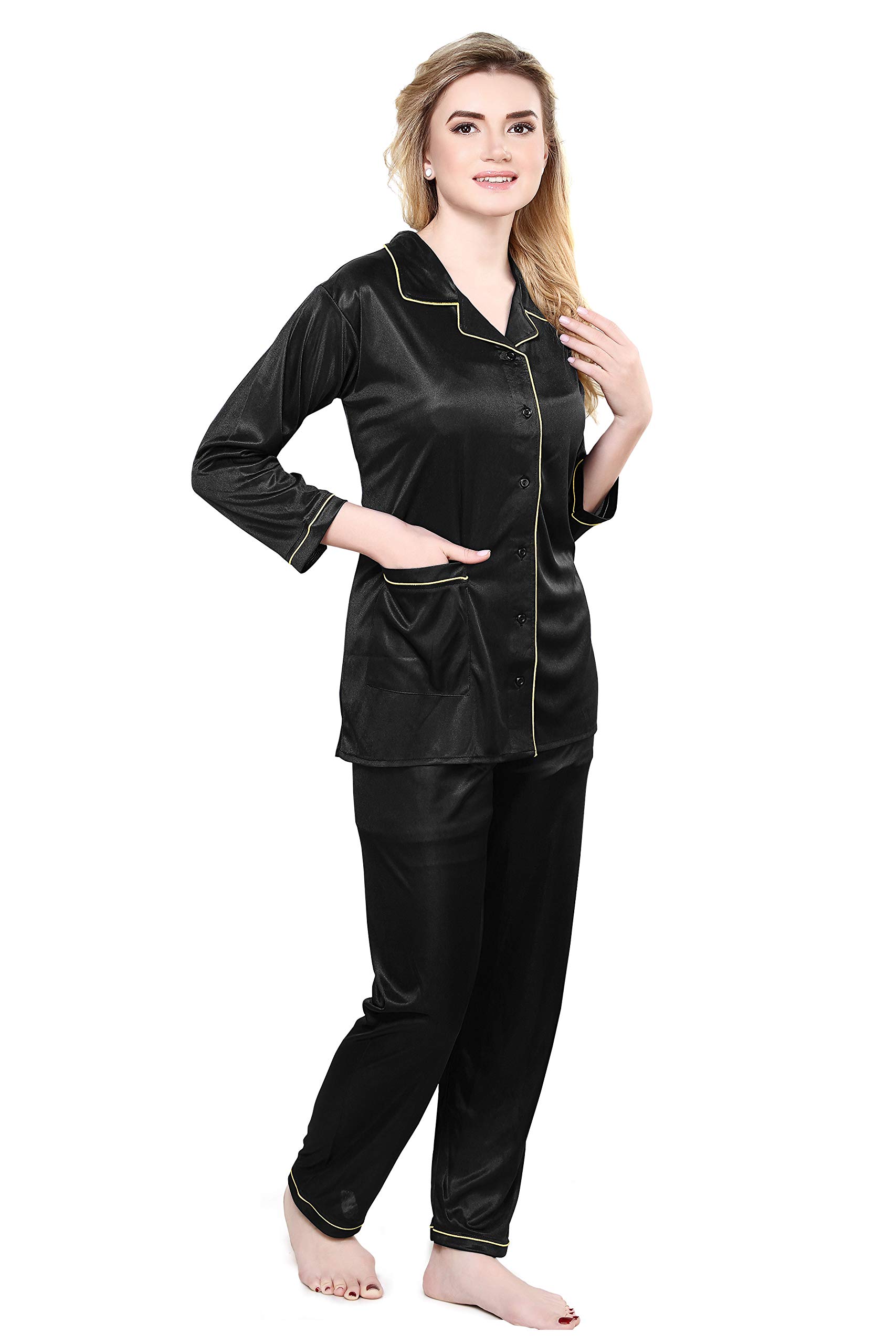 TIGYWIGY Women's Satin Pajama Set - Black - Image 3