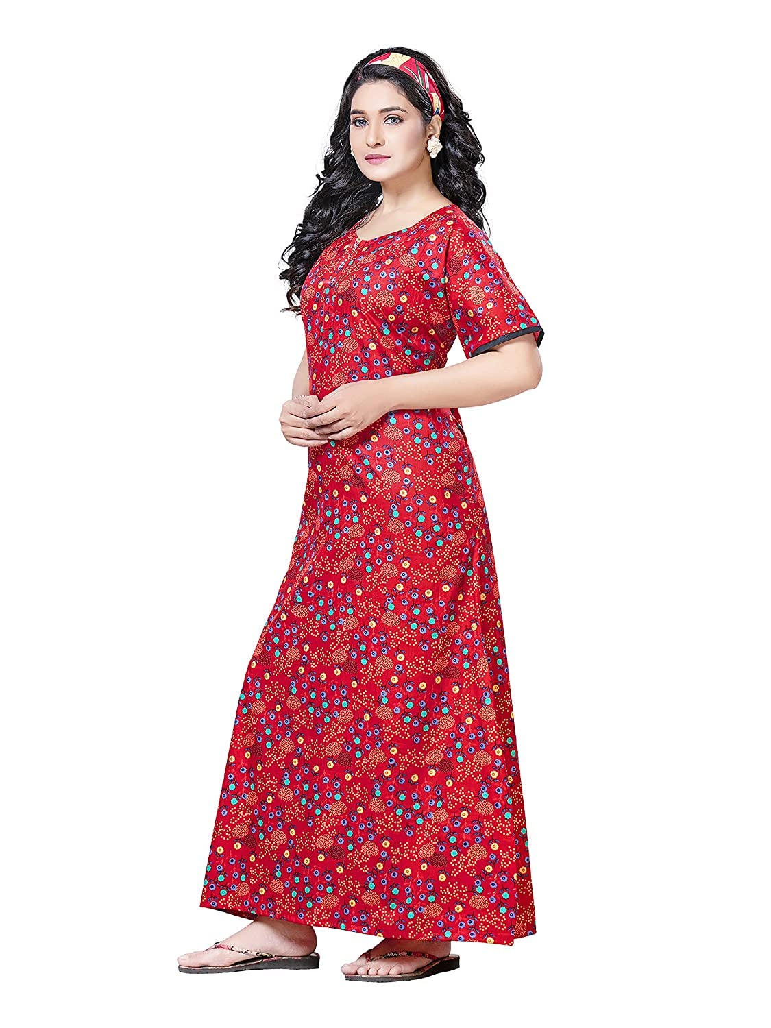 PNAEONG Women's Red Printed Cotton Maxi Nighty - Image 5