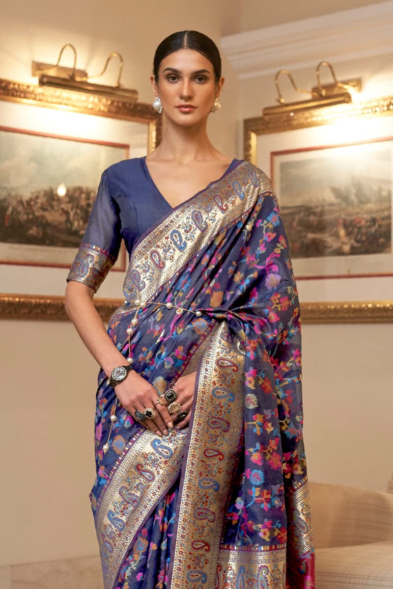 Kanjivaram Silk Saree - Dark Blue with Golden Zari - Image 3