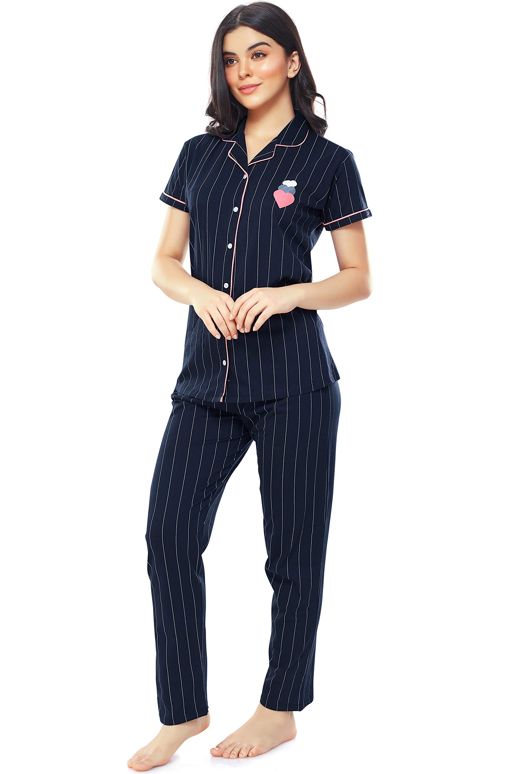 ZEYO Navy Blue Striped Cotton Night Suit for Women - Image 4
