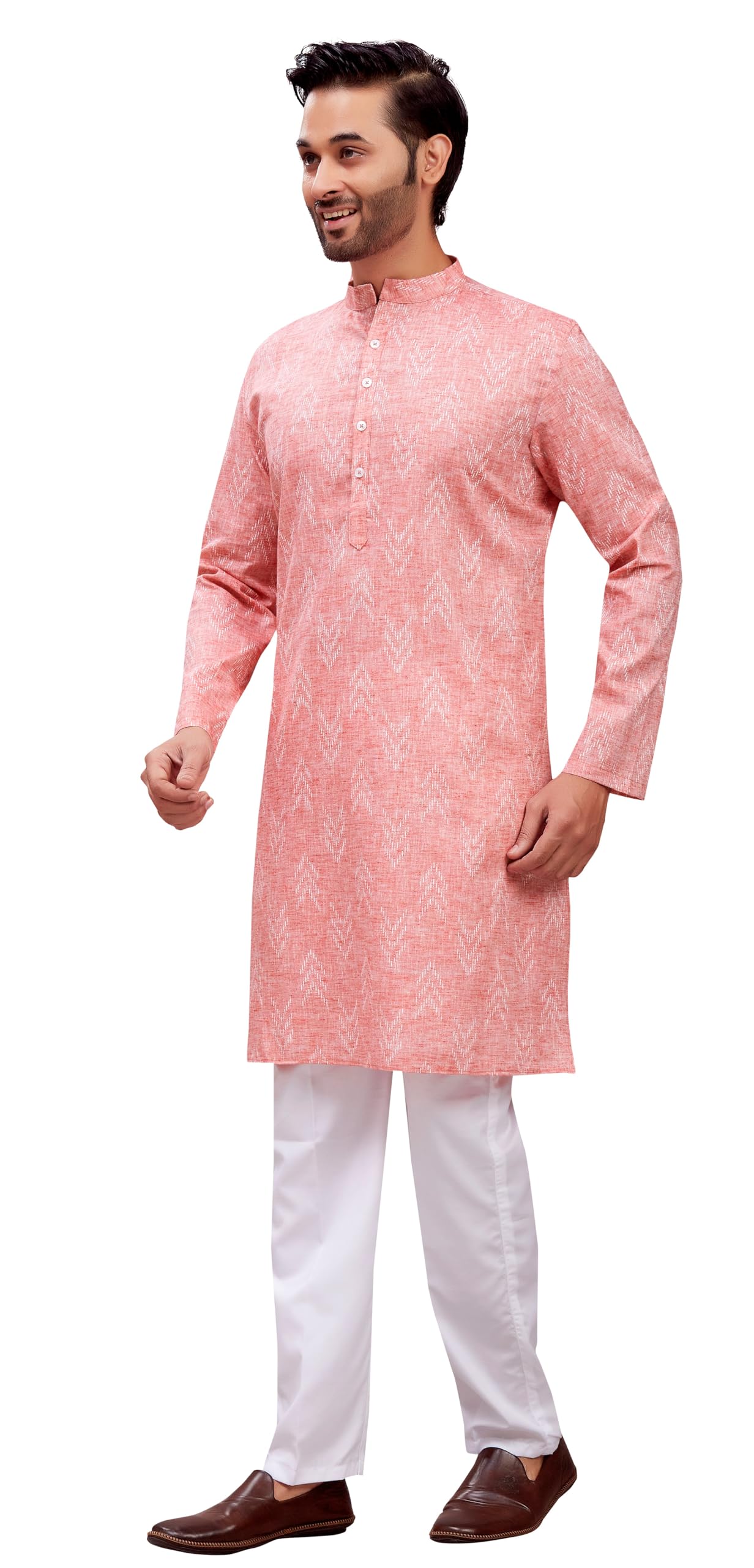 Studio Shringaar Men's Cotton Blend Ikat Printed Kurta - Tomato - Image 3