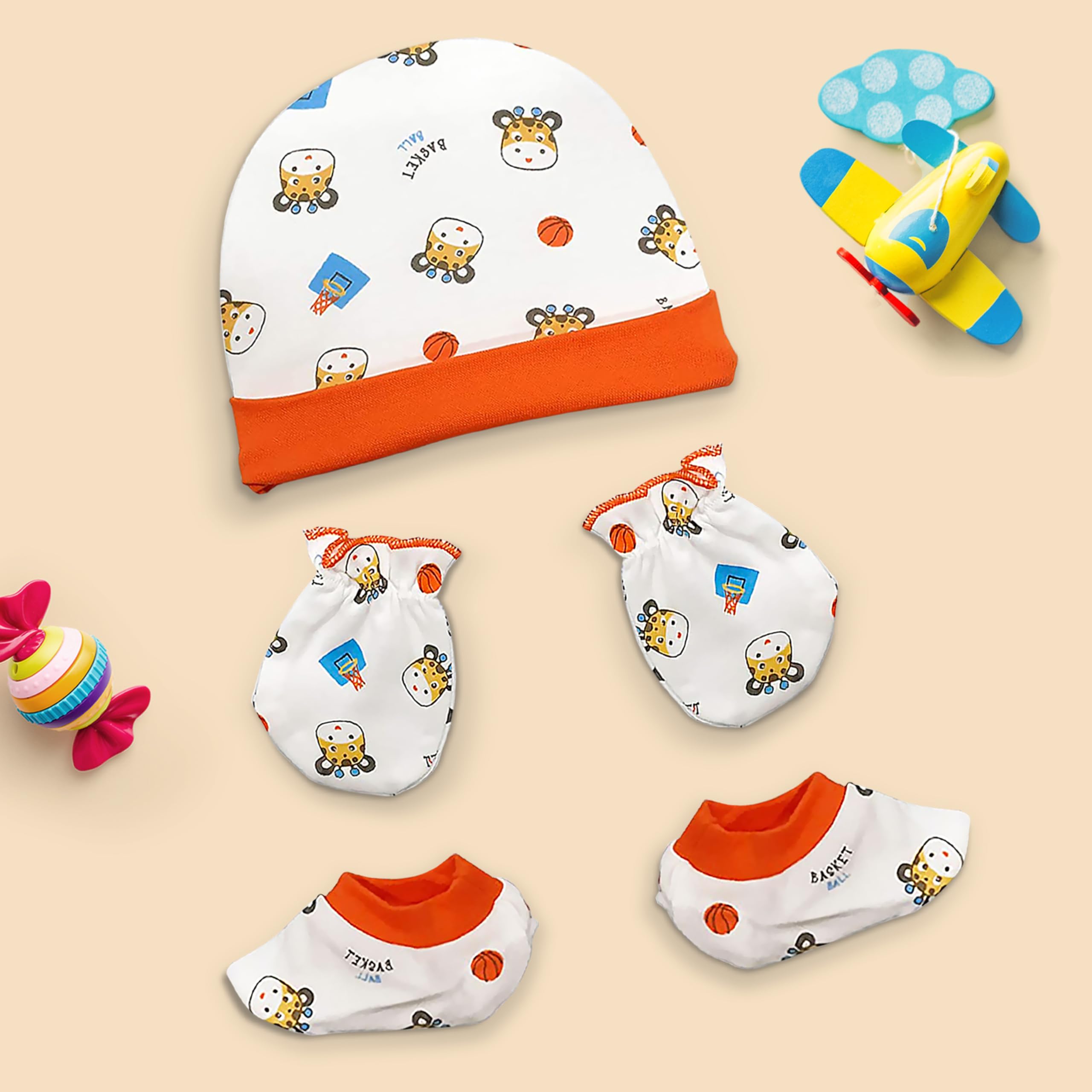 LuvLap Multicolour Mittens Booties & Caps Set for Newborn - Image 4