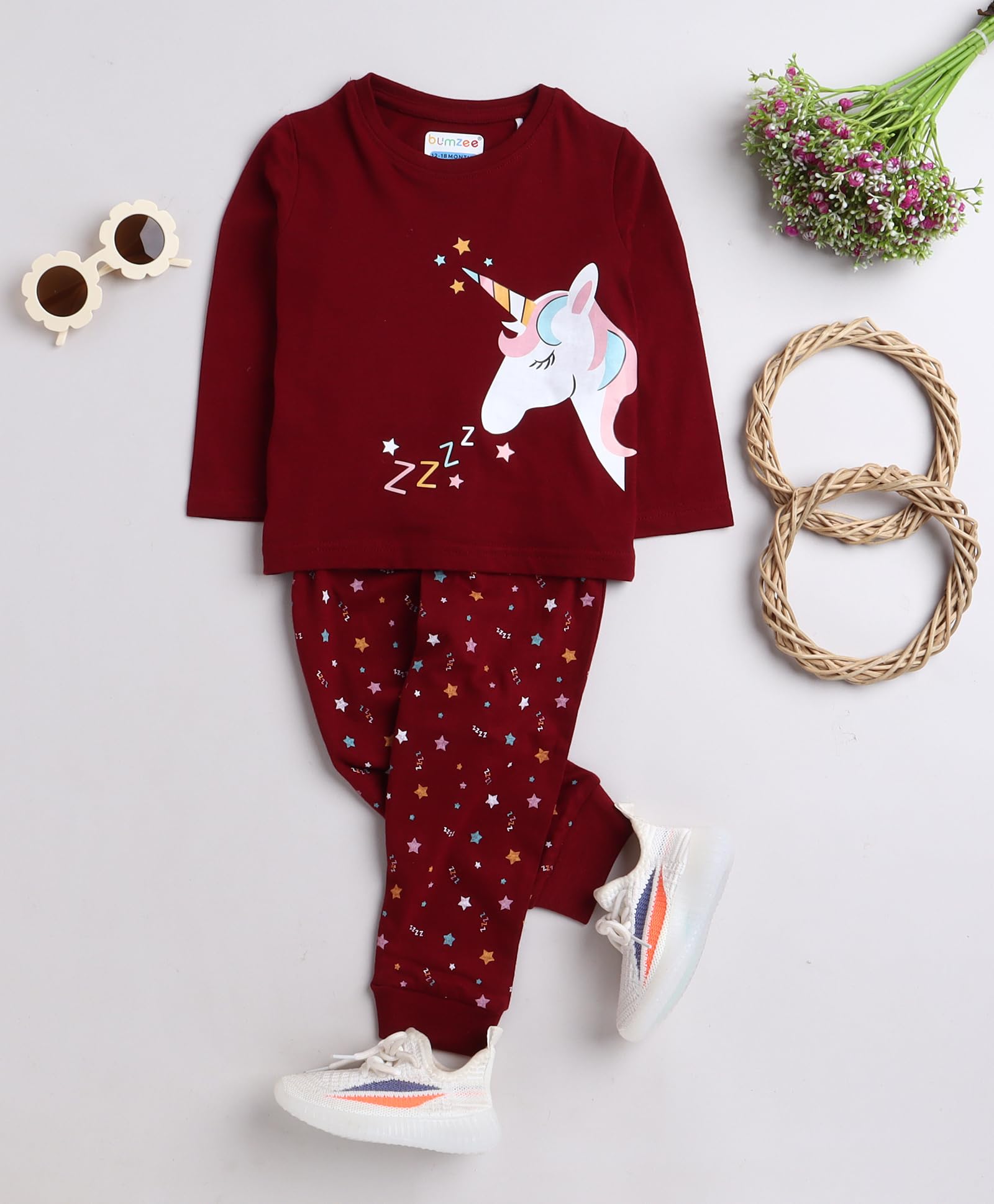 BUMZEE Girls Cotton T-Shirt And Pajama Set - Maroon - Image 5