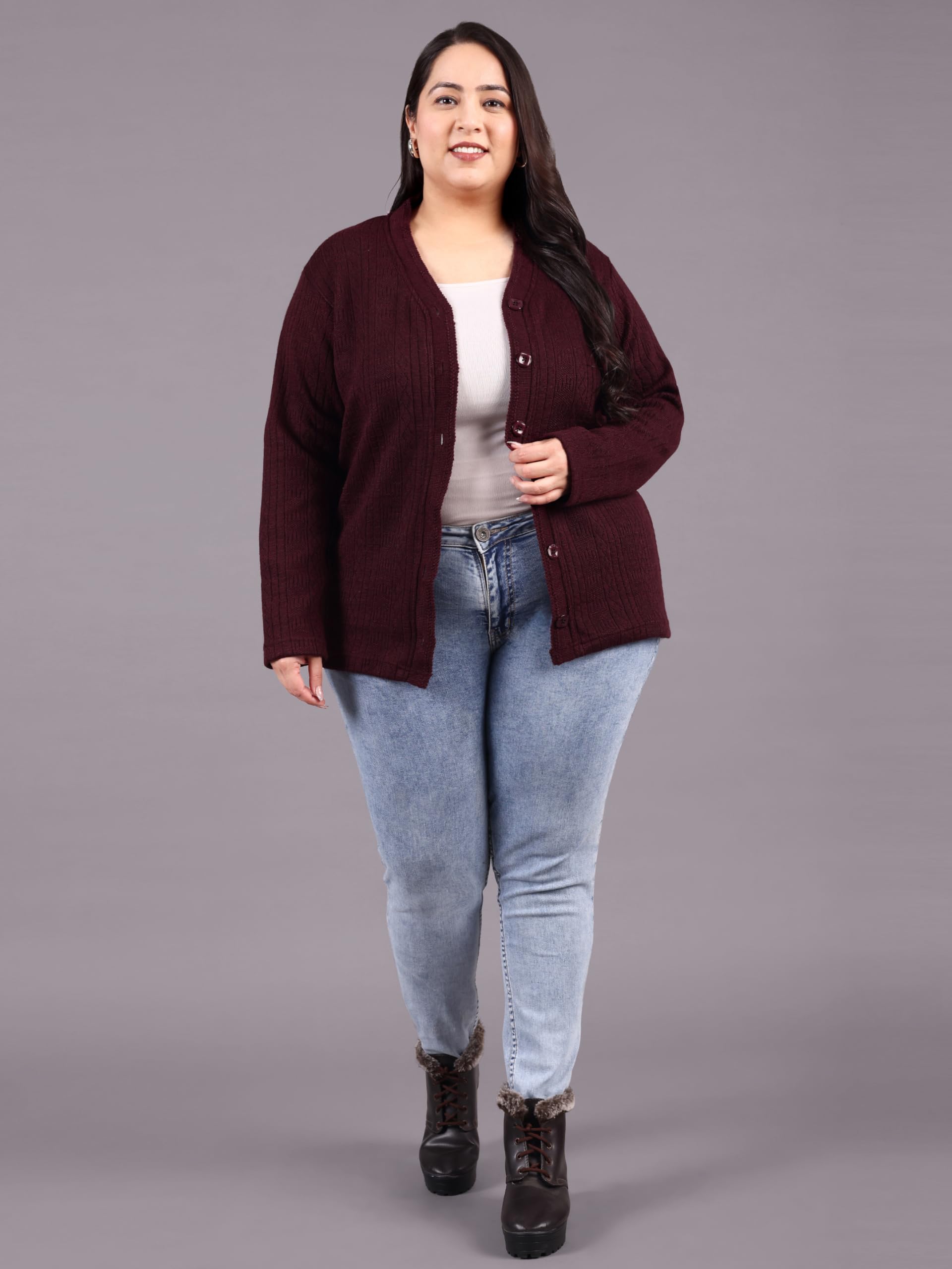 HIFZAA Women's Woolen Cardigan - Wine - Image 5