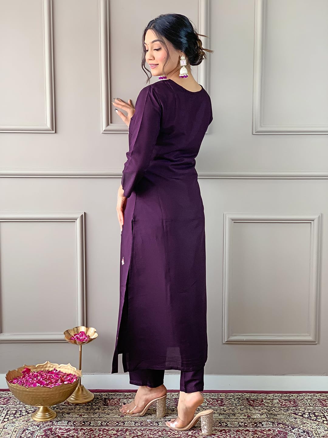 Naixa Wine Rayon Embroidered Kurta Set - Image 3