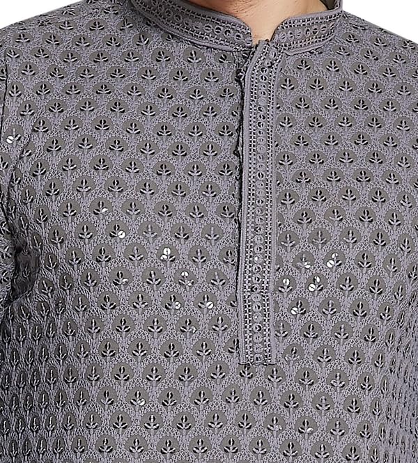 DIVISIVE Men's Charcoal Grey Sequined Kurta Pyjama - Image 5