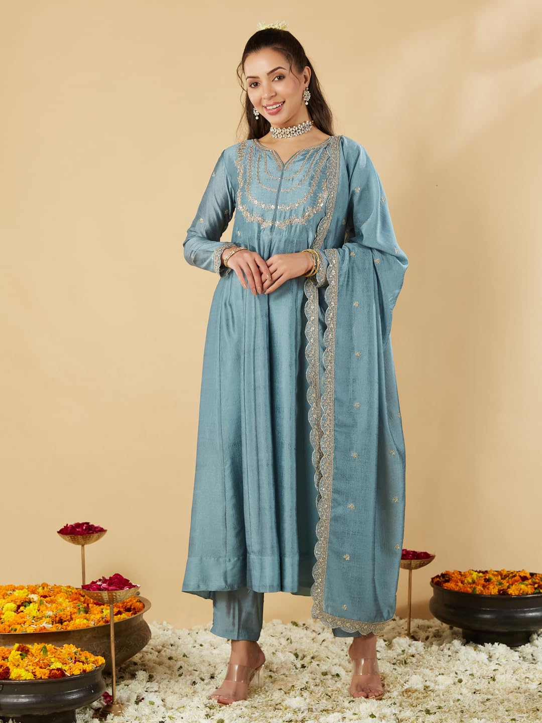 MOKOSH Women's Silk Embroidered Teal Blue Kurta Set - Image 2