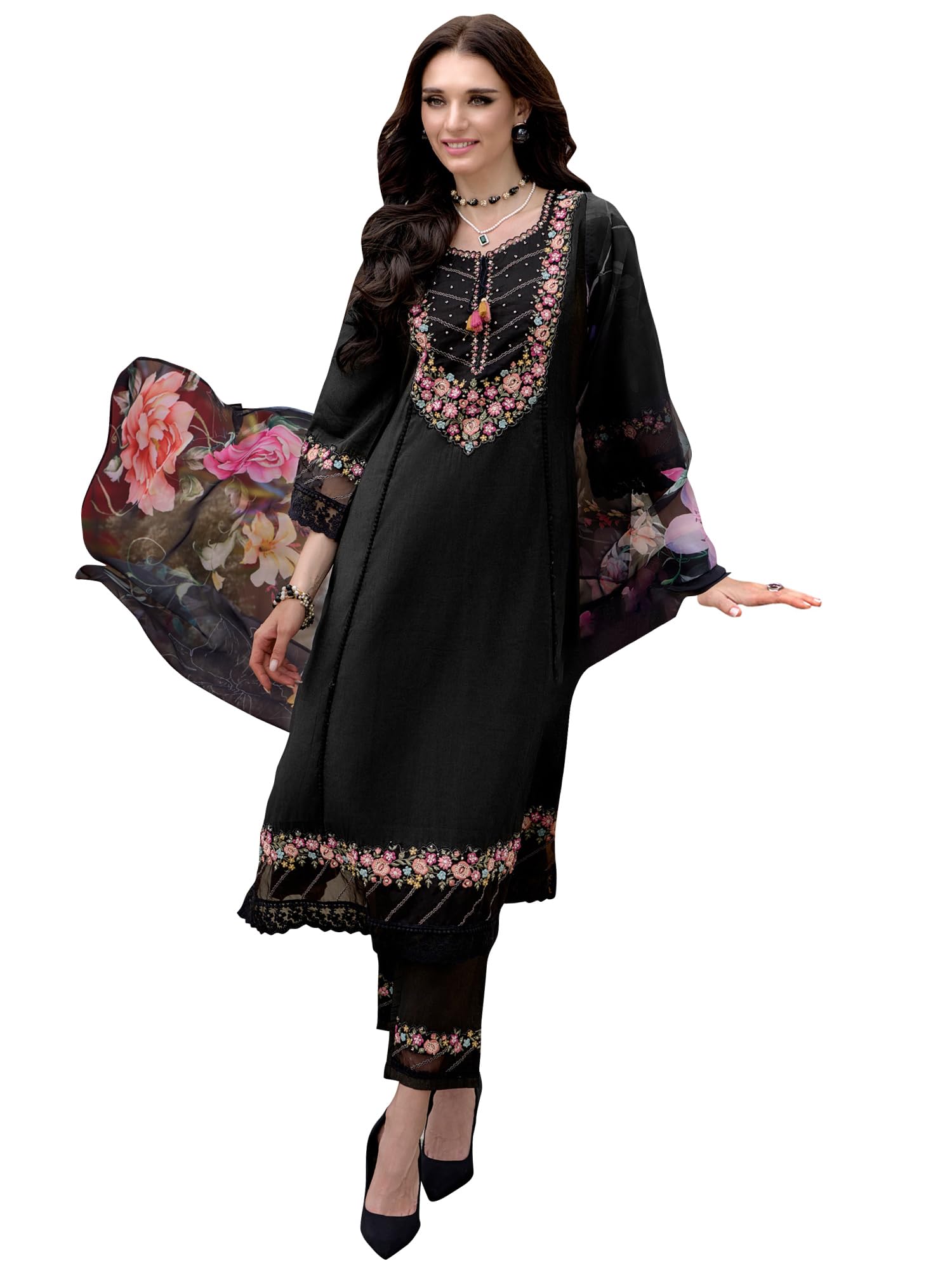 INDO ERA Women Black Embroidered A-Line Kurta