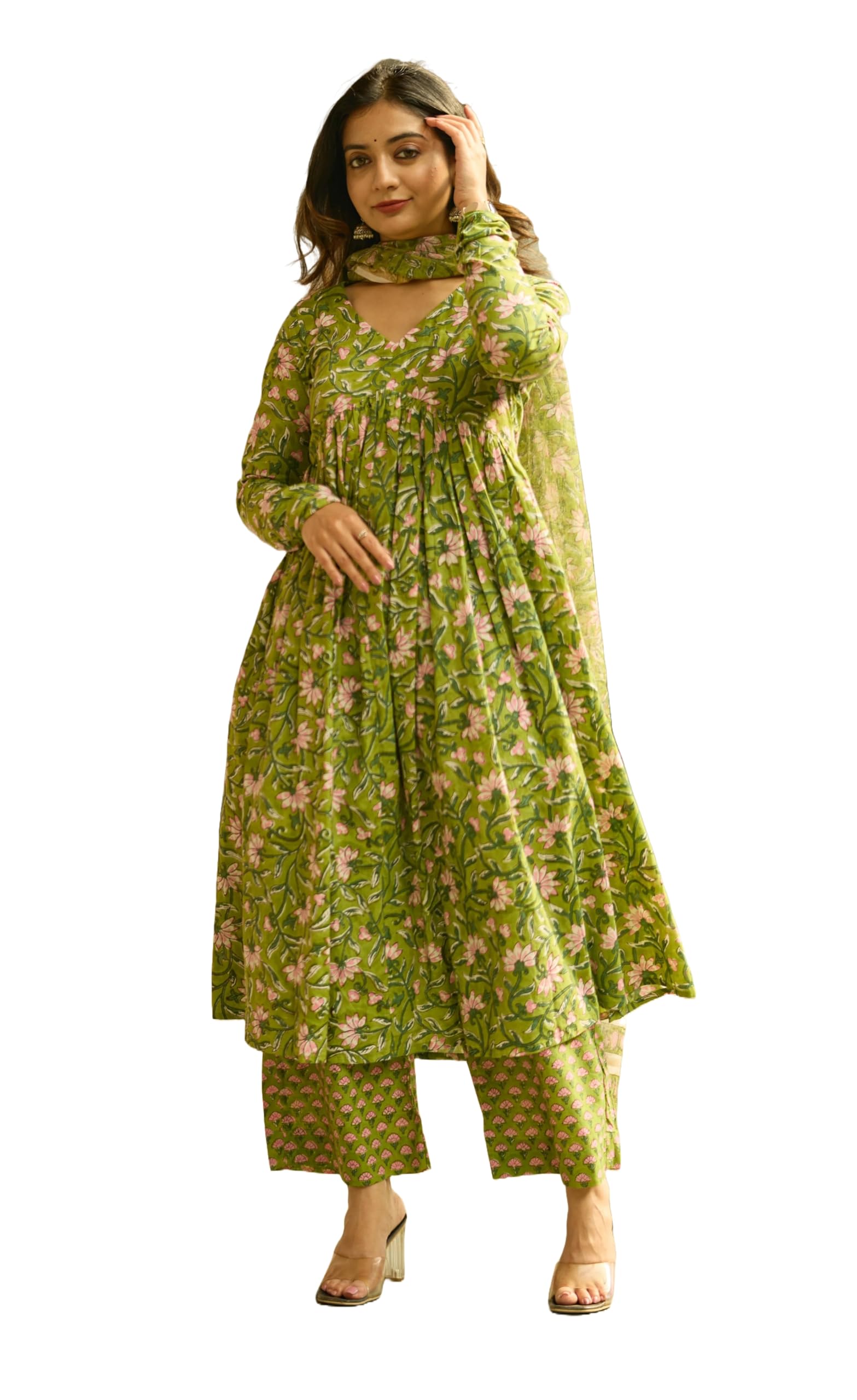 Nermosa Women Printed Anarkali Kurta Set - Green