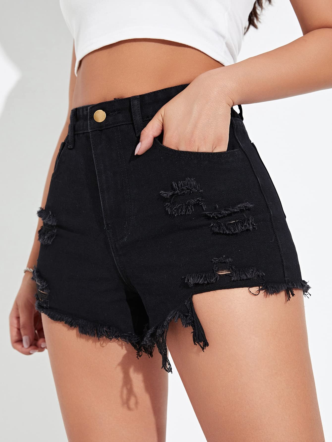 Aahwan Black High Waist Ripped Denim Shorts for Women - Image 3