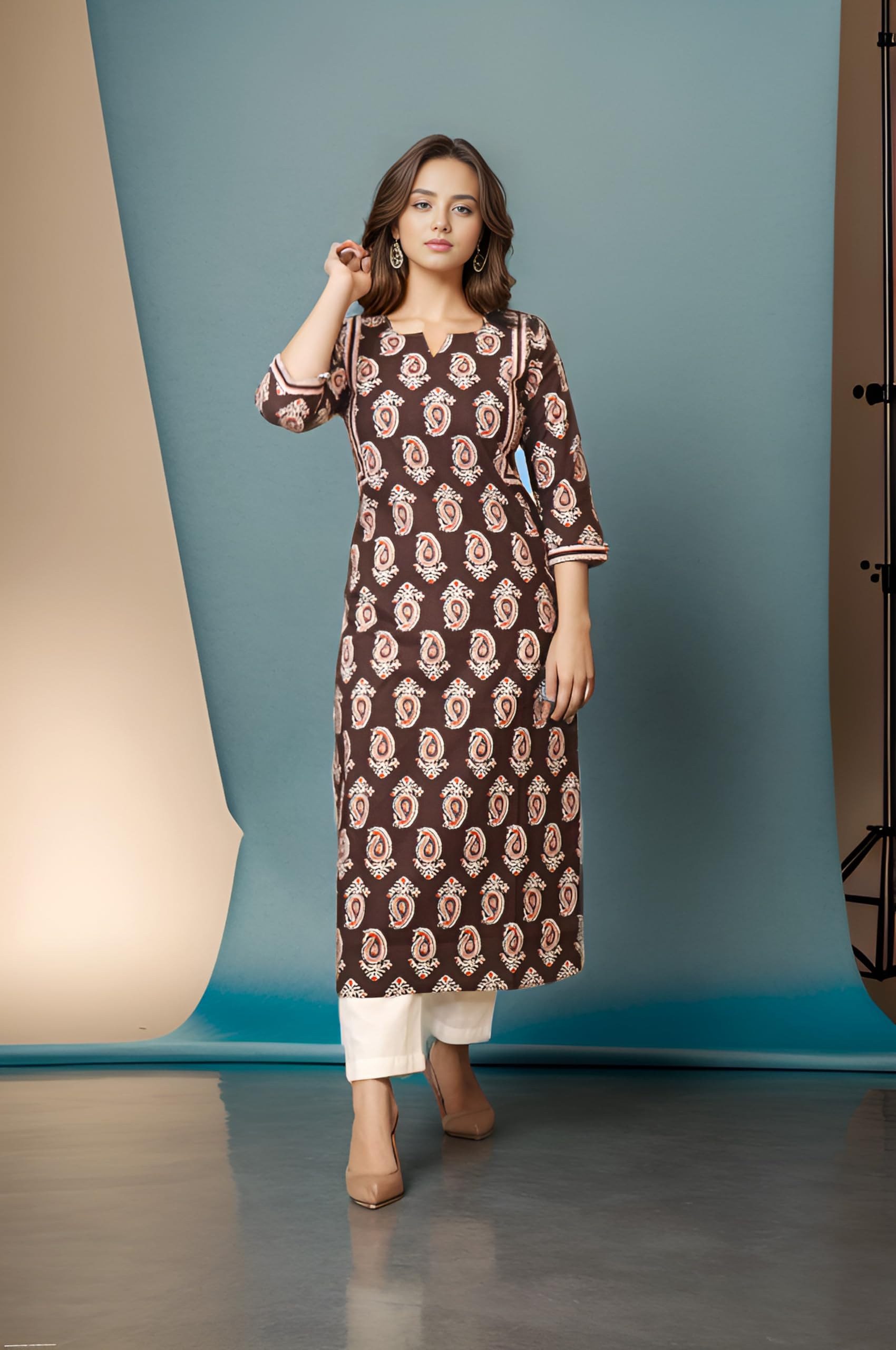 विधा Women Cotton Printed Kurti - Brown - Image 2