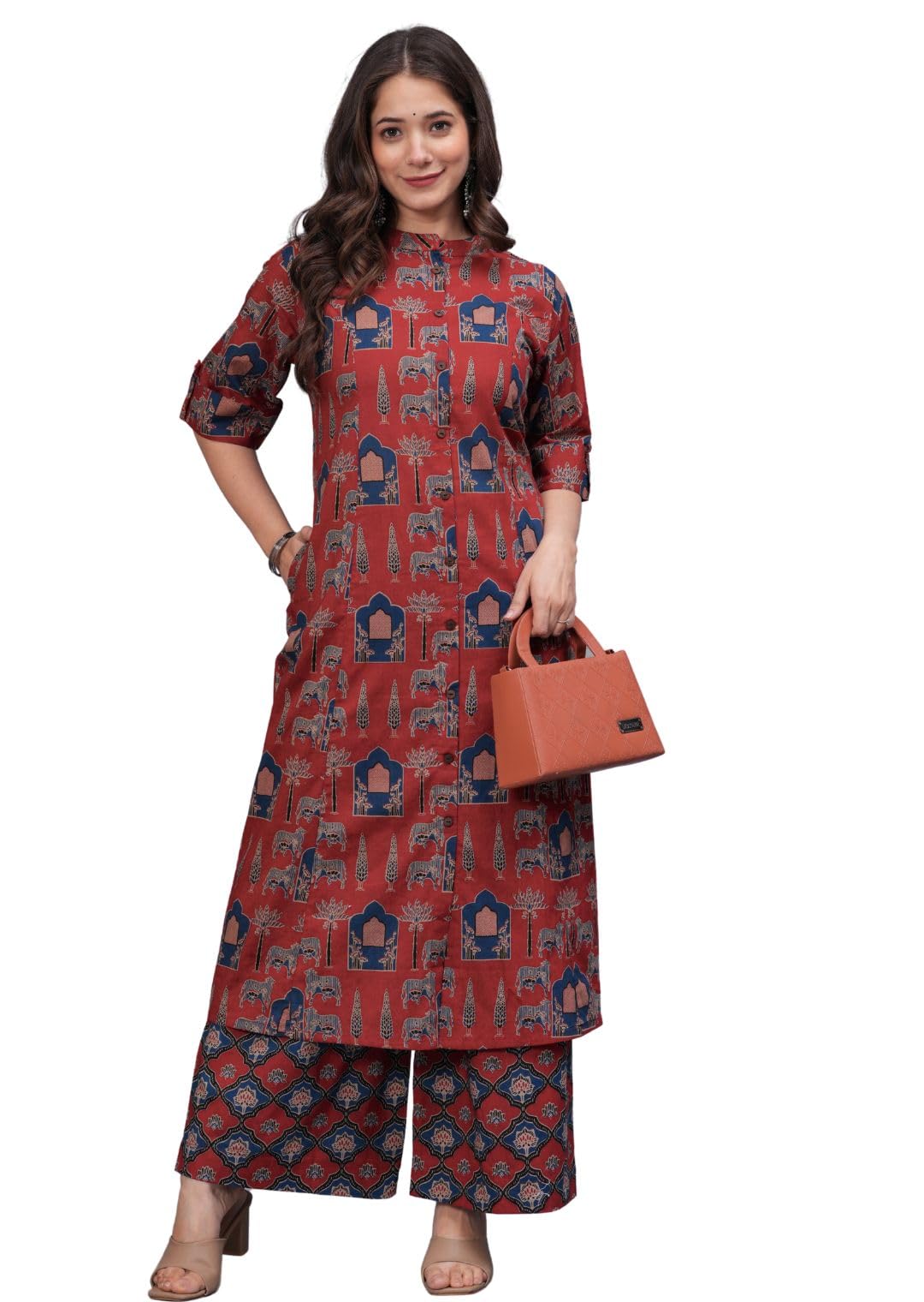rytras Women's Pure Cotton Printed A-Line Kurta Set - Maroon - Image 5