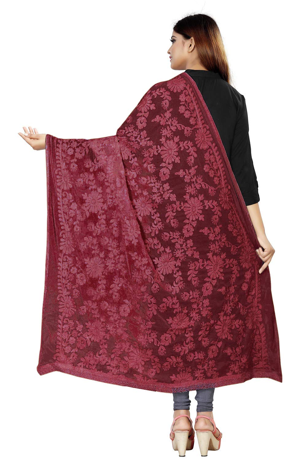 Avni Women Maroon Floral Embroidered Chiffon Dupatta - Image 3