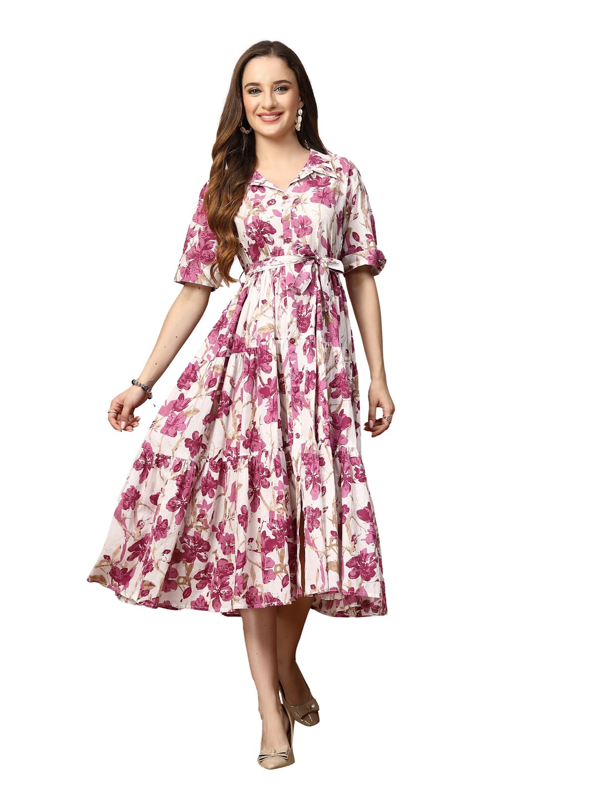 Stylum Women's Magenta Floral Printed Cotton Flared Dress