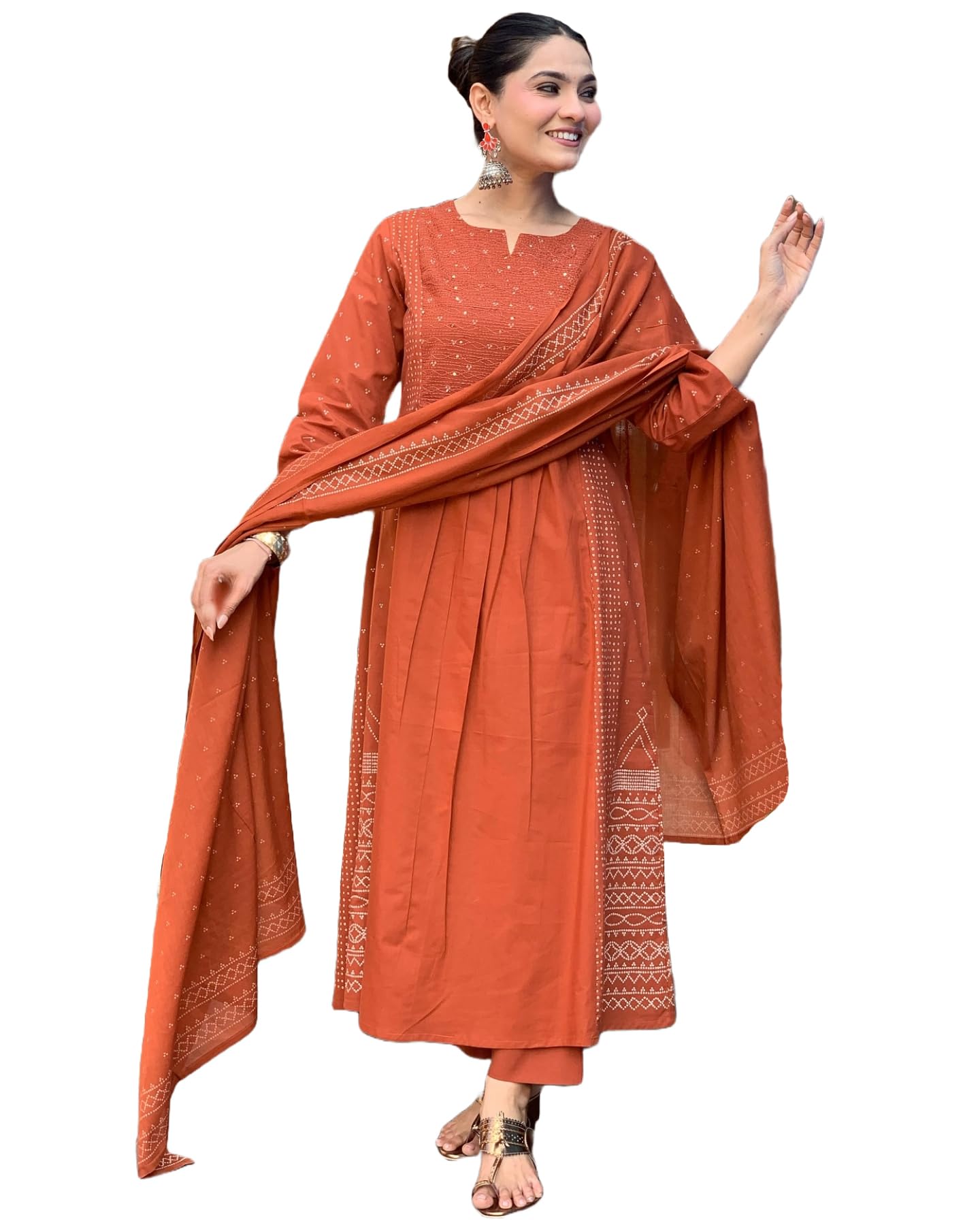 Anarkali Kurta Set with Pant & Dupatta - Orange