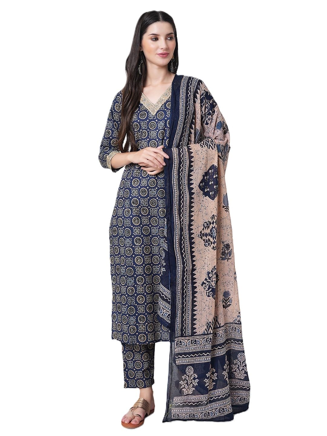 Arayna Women Cotton Block Printed Kurta Set - Blue