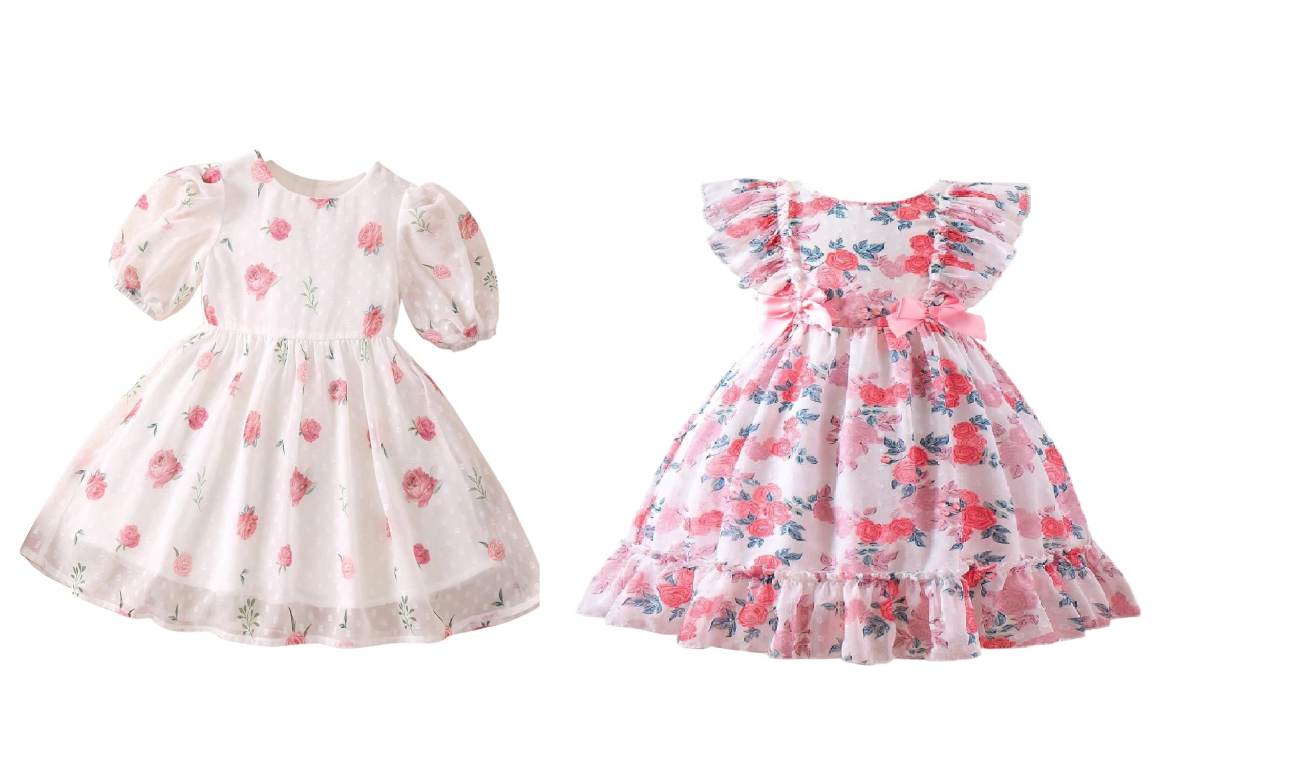 TAGAS Heart Pattern Georgette Dress for Girls - White & Red