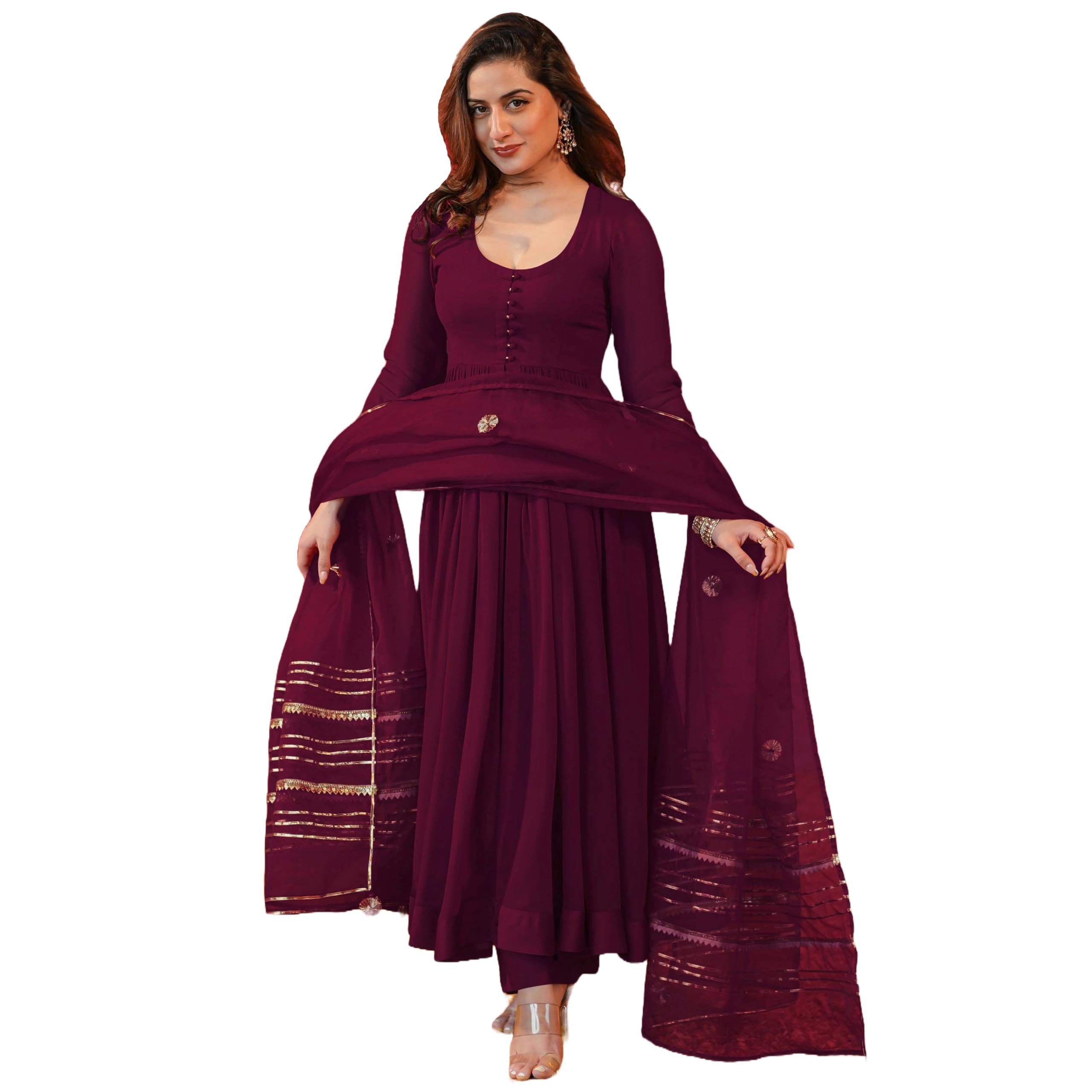 GoSriKi Women's Rayon Anarkali Kurta with Pant & Dupatta - Wine