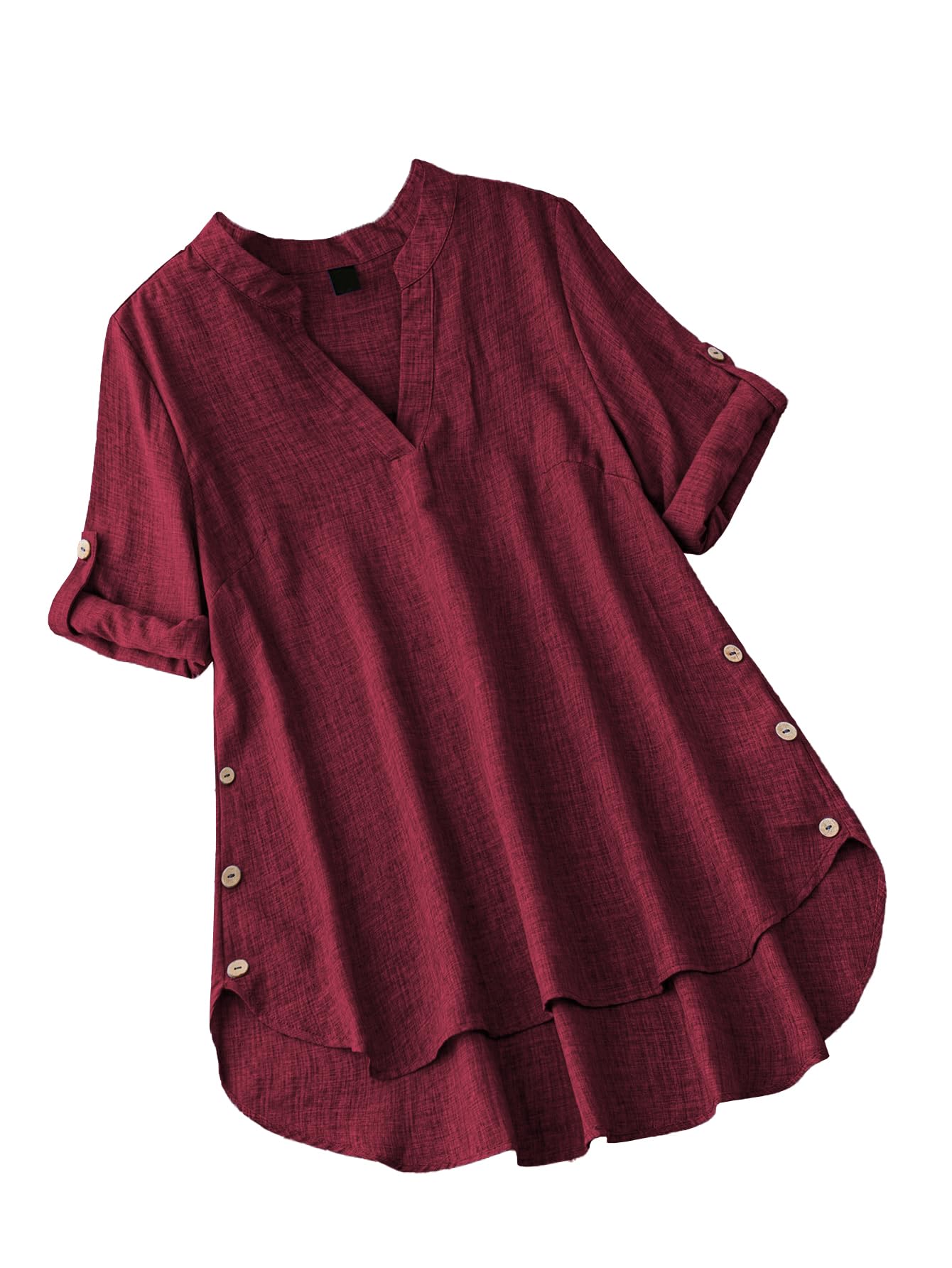 TADKEE Maroon Linen V-Neck Tunic Top for Women