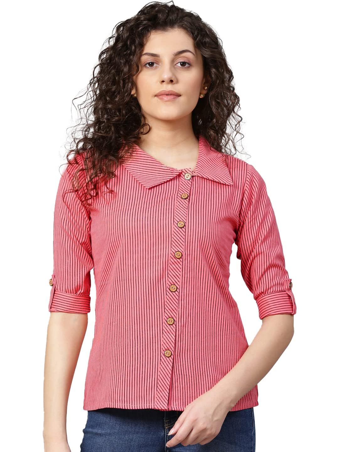 Yash Fashion Women's Cotton Stripe Printed Straight Top - Pink