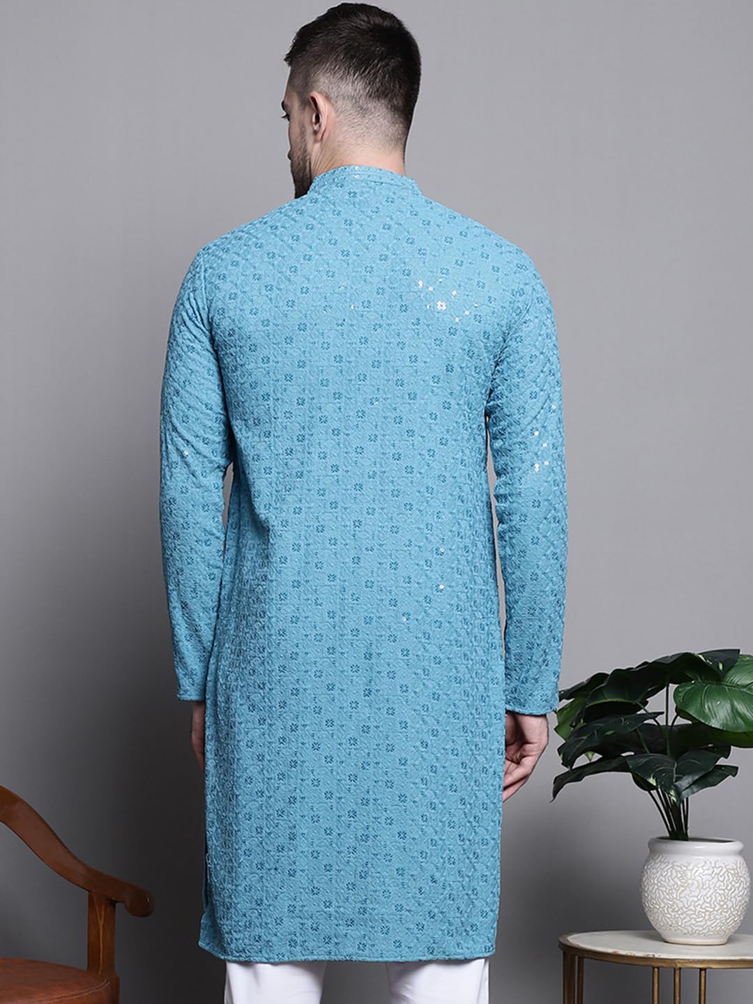 Jompers Men Sequin Embroidered Cotton Kurtas Blue - Image 2