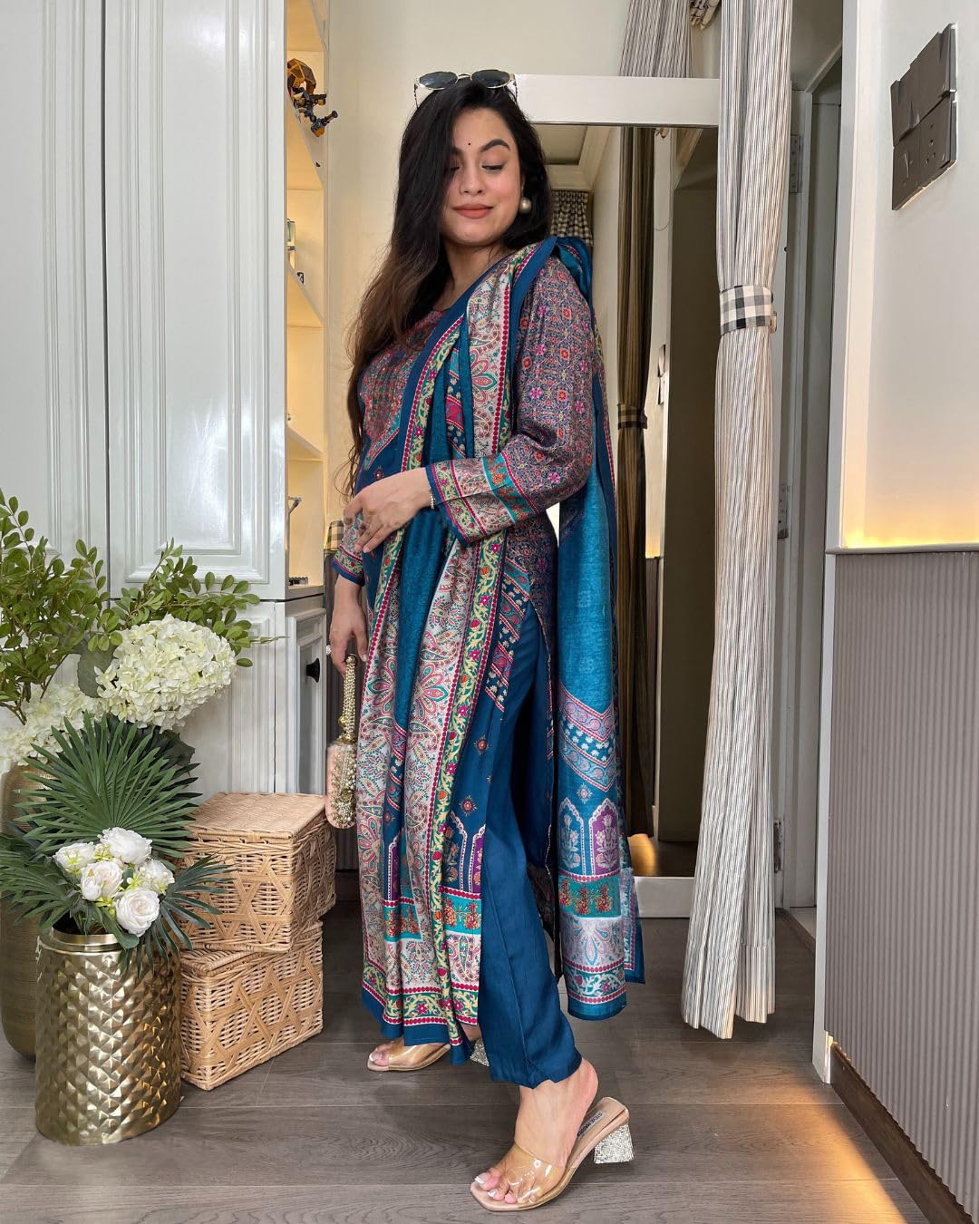 GoSriKi Blue Rayon Viscose Kurta Pant Set for Women - Image 4