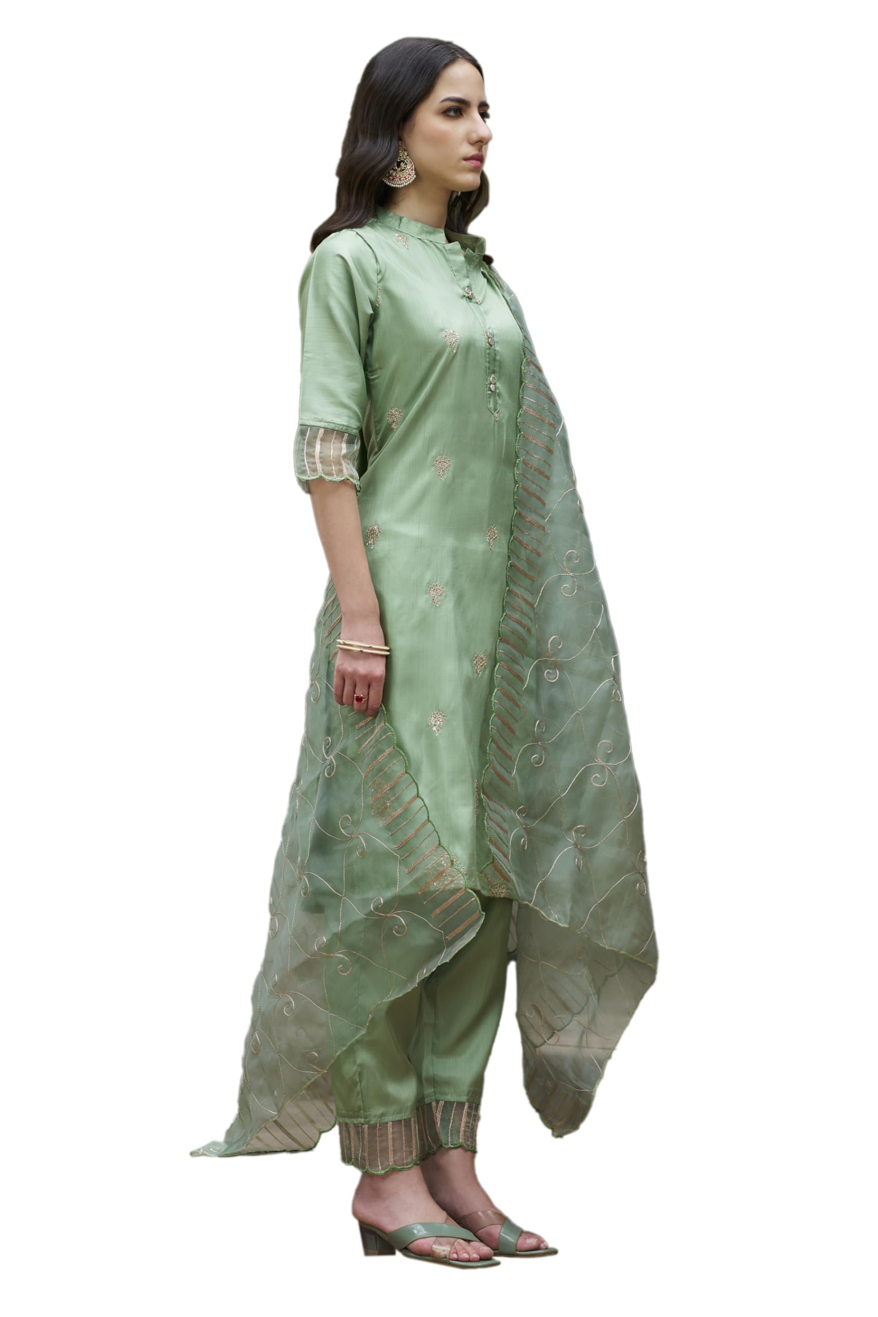 VredeVogel Women's Silk Blend Embroidered Kurta Set - Pista