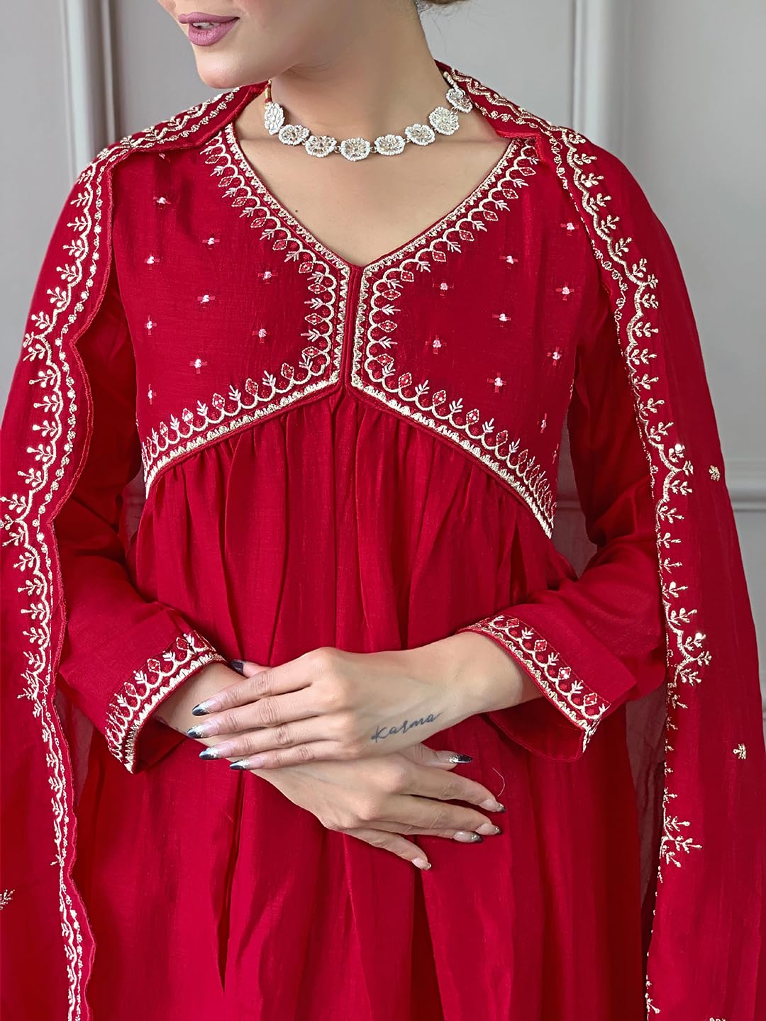 Naixa Women's Red Vichitra Silk Embroidered A-line Kurta - Image 5