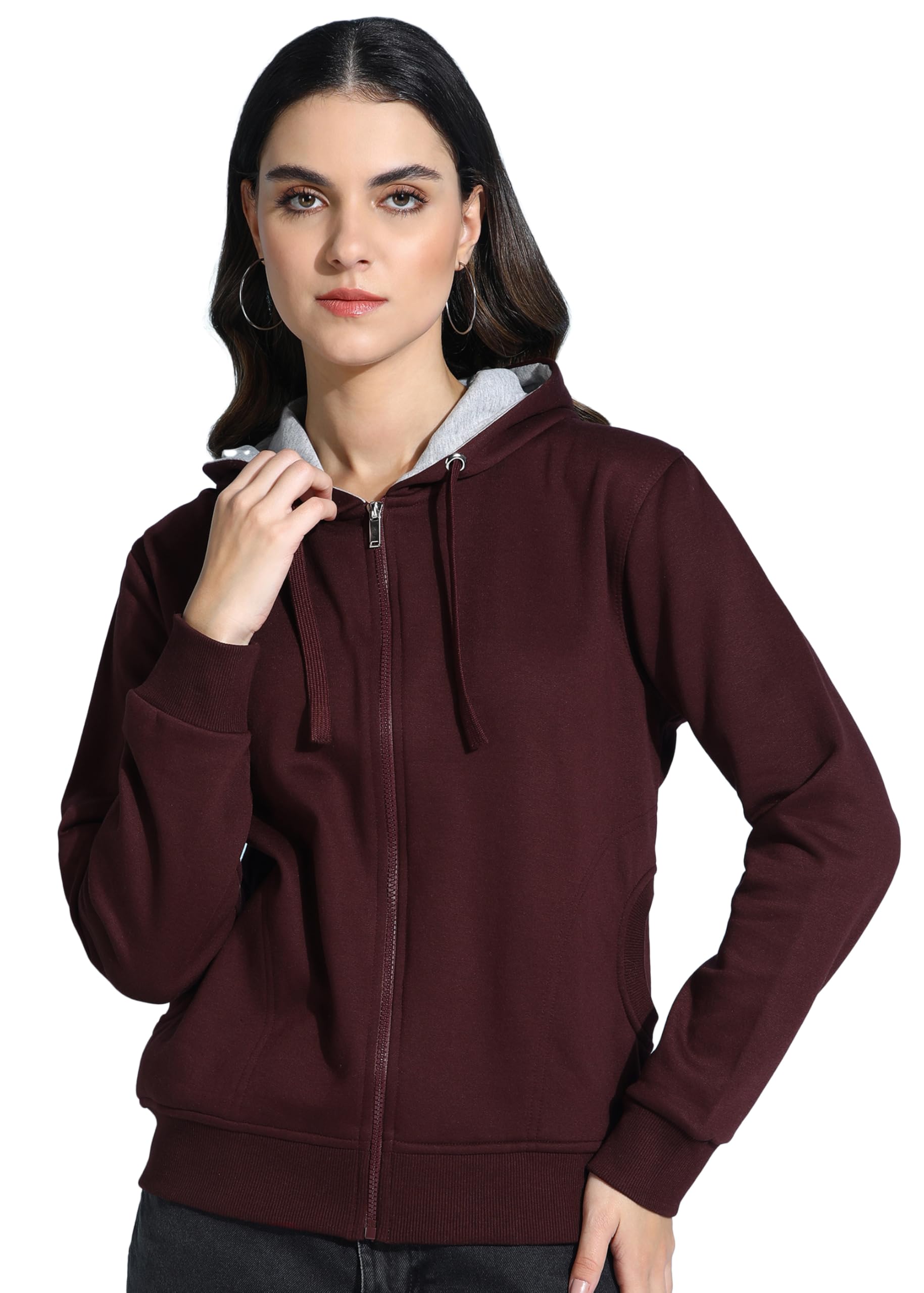 Alan Jones Women's Solid Zipper Hooded Sweatshirt - Wine