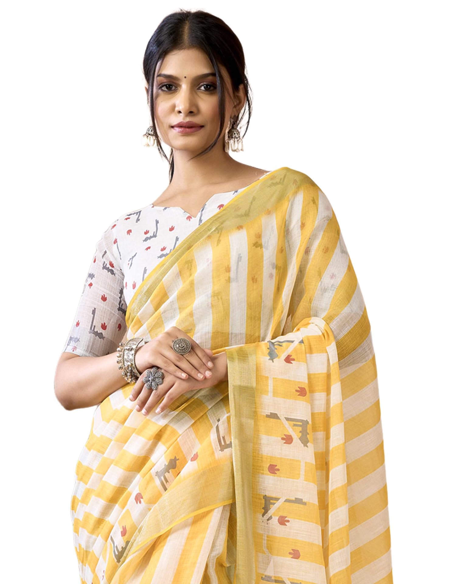 Linen Saree for Women - Yellow & White Printed