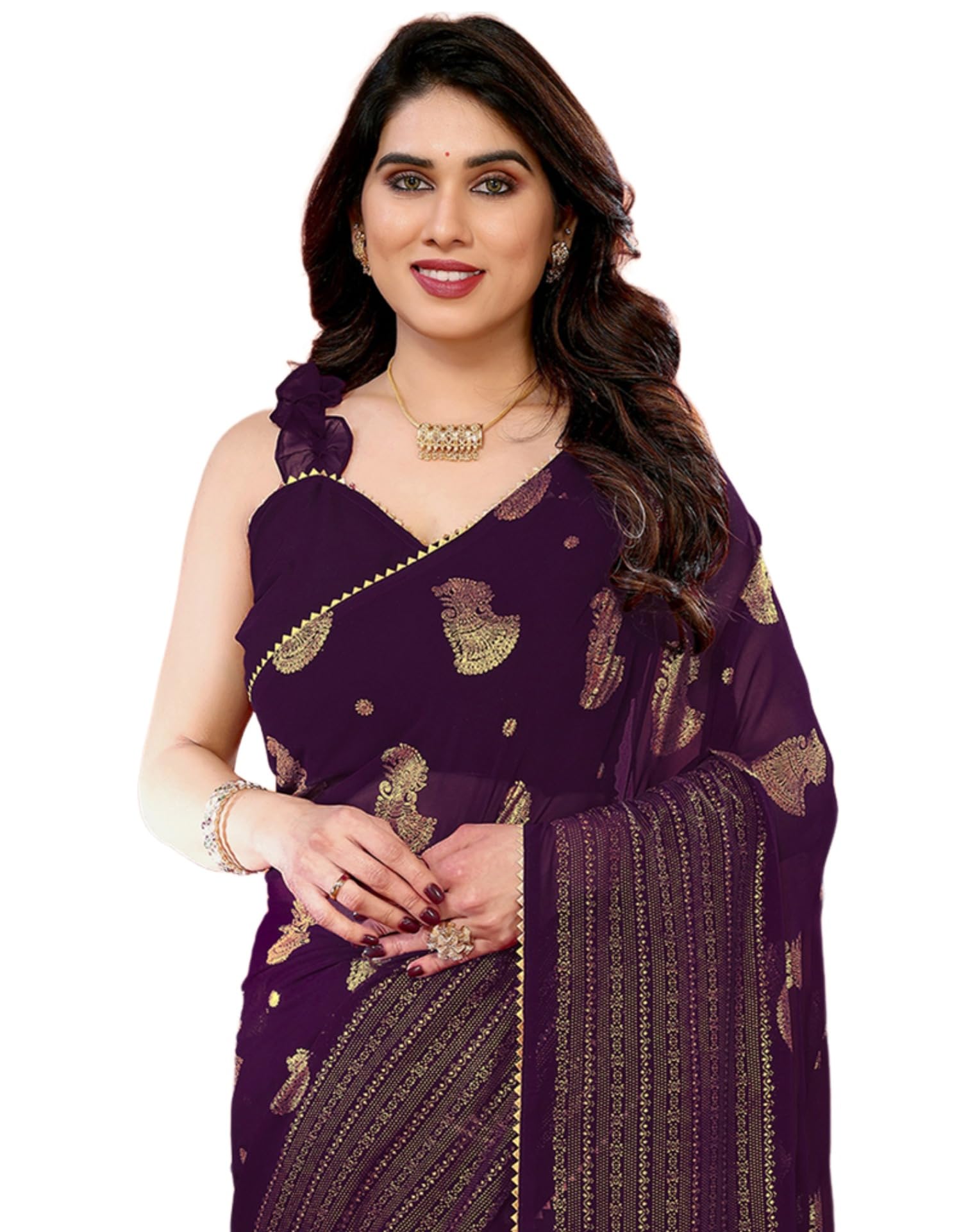 SIRIL Women's Georgette Foil Printed Saree - Purple