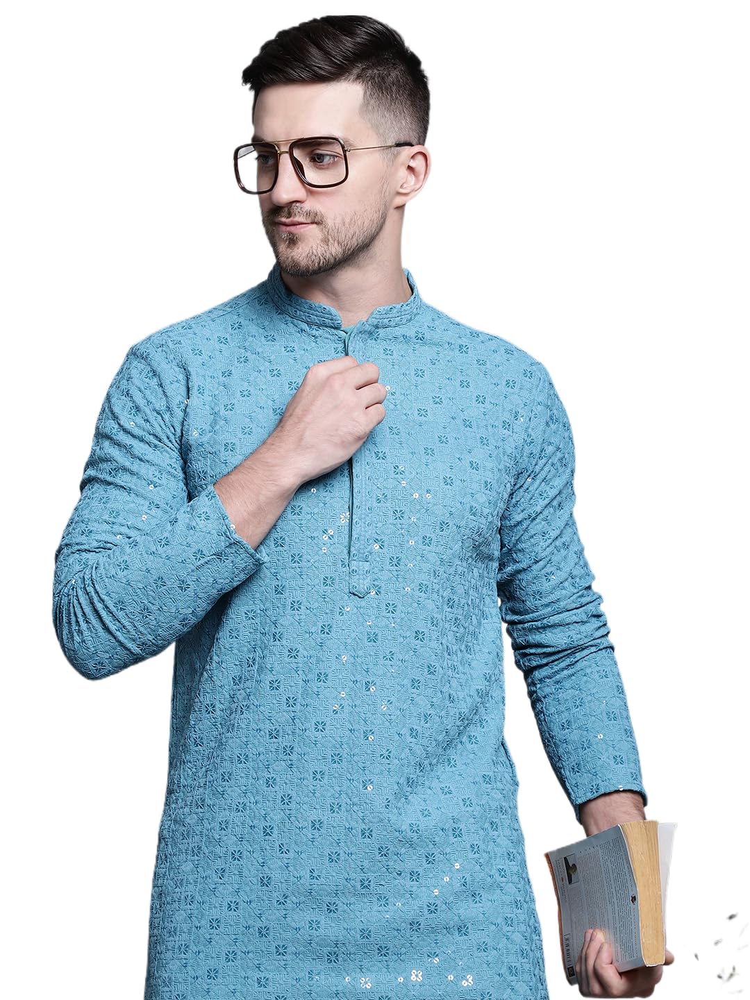 Jompers Men Sequin Embroidered Cotton Kurtas Blue