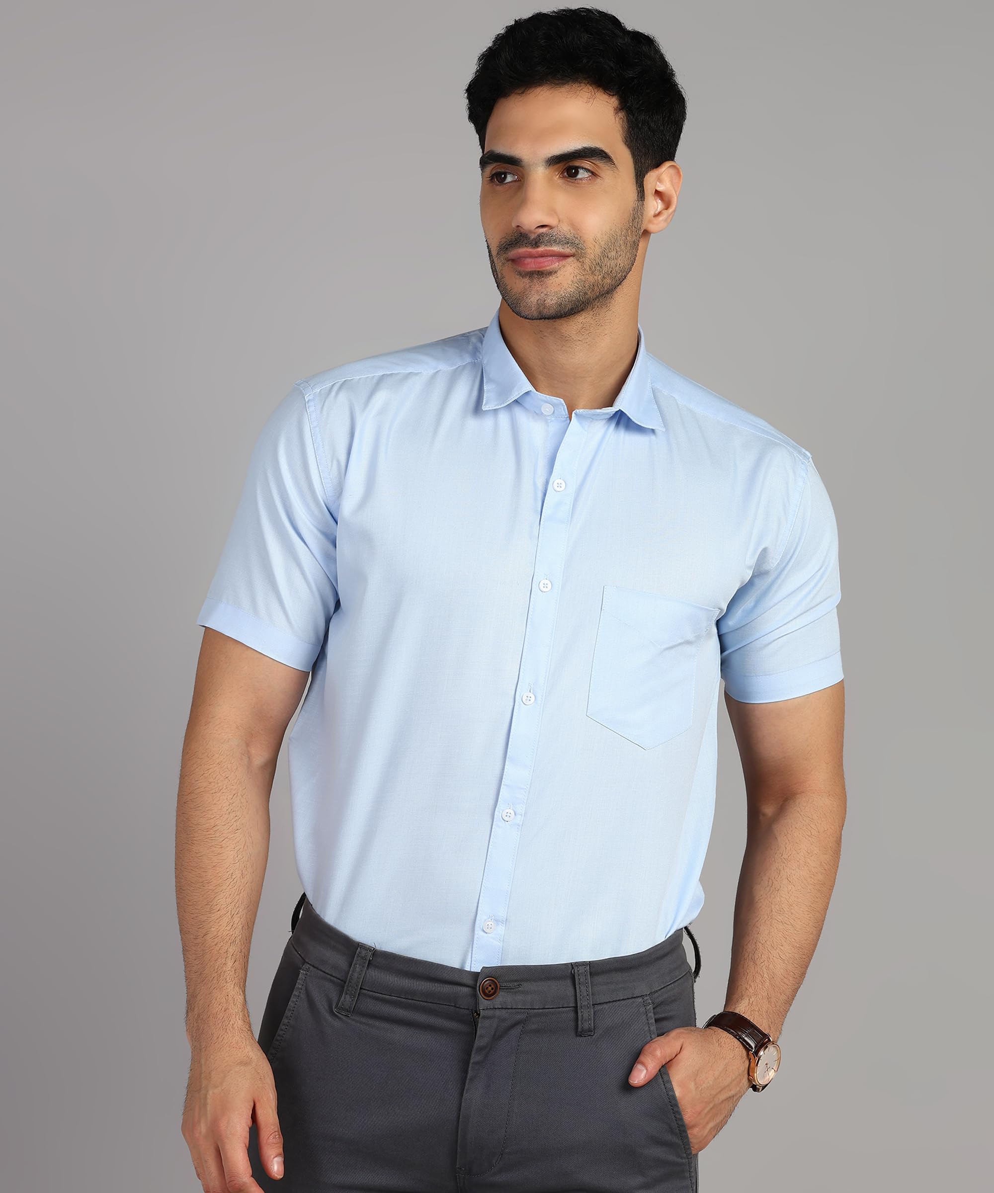 MILDIN Men Light Blue Button Down Shirt - Image 4