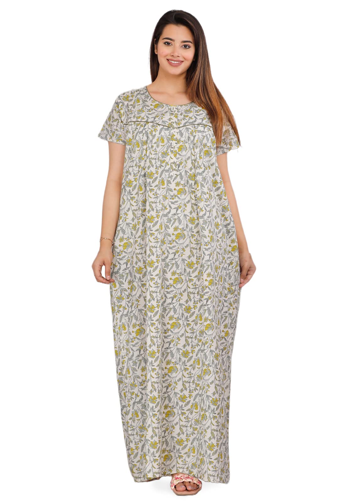 Urali Women's Printed Cotton Maxi Night Gown - Cream