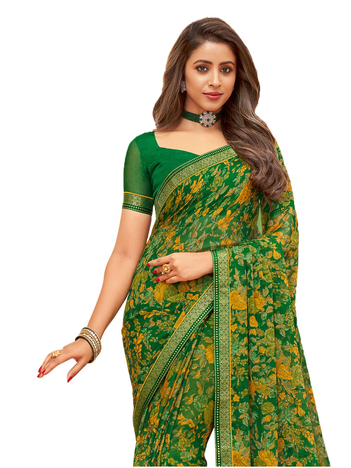 SIRIL Women's Floral Chiffon Saree - Green - Image 2