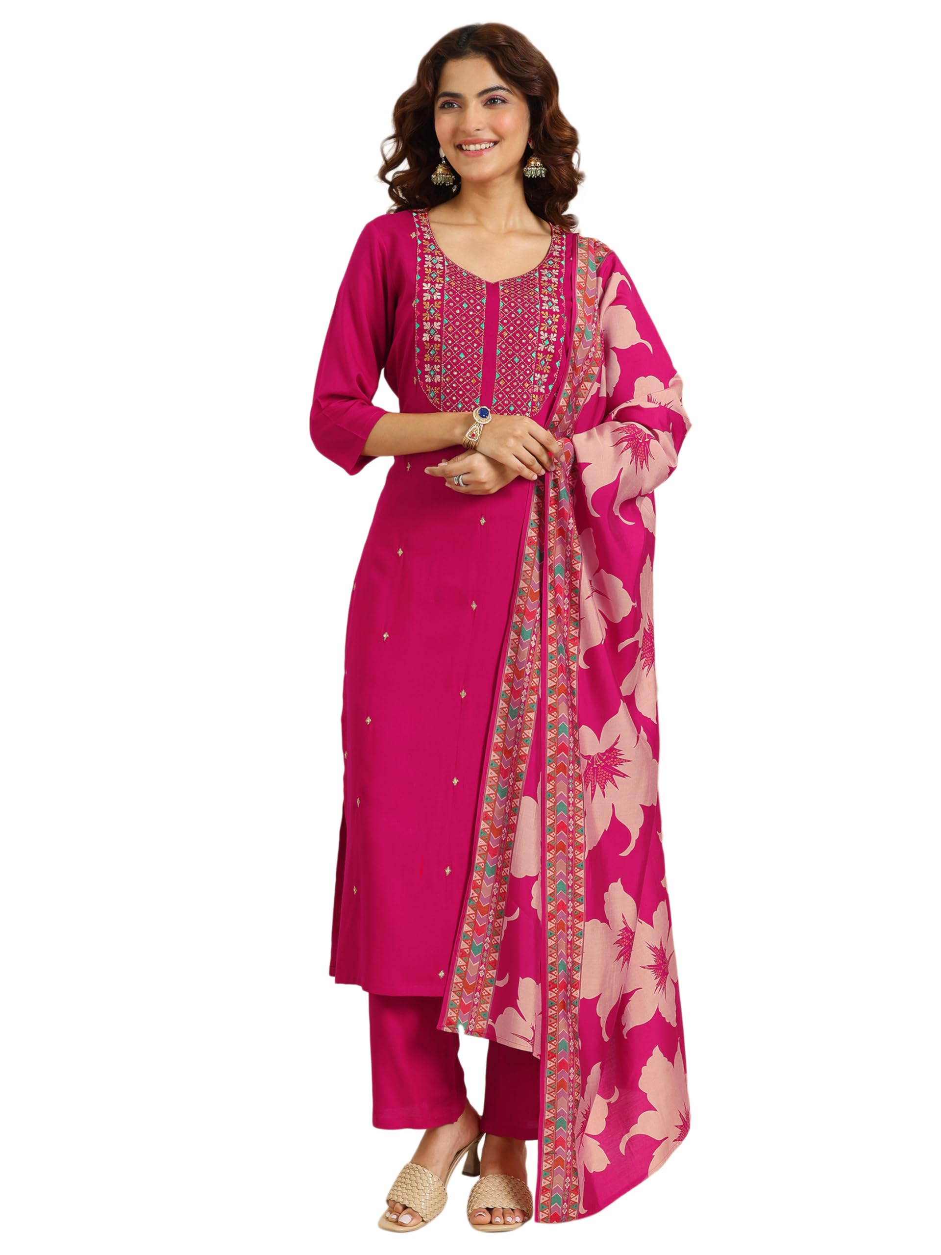 Libas Pink Embroidered Viscose Kurta Set for Women