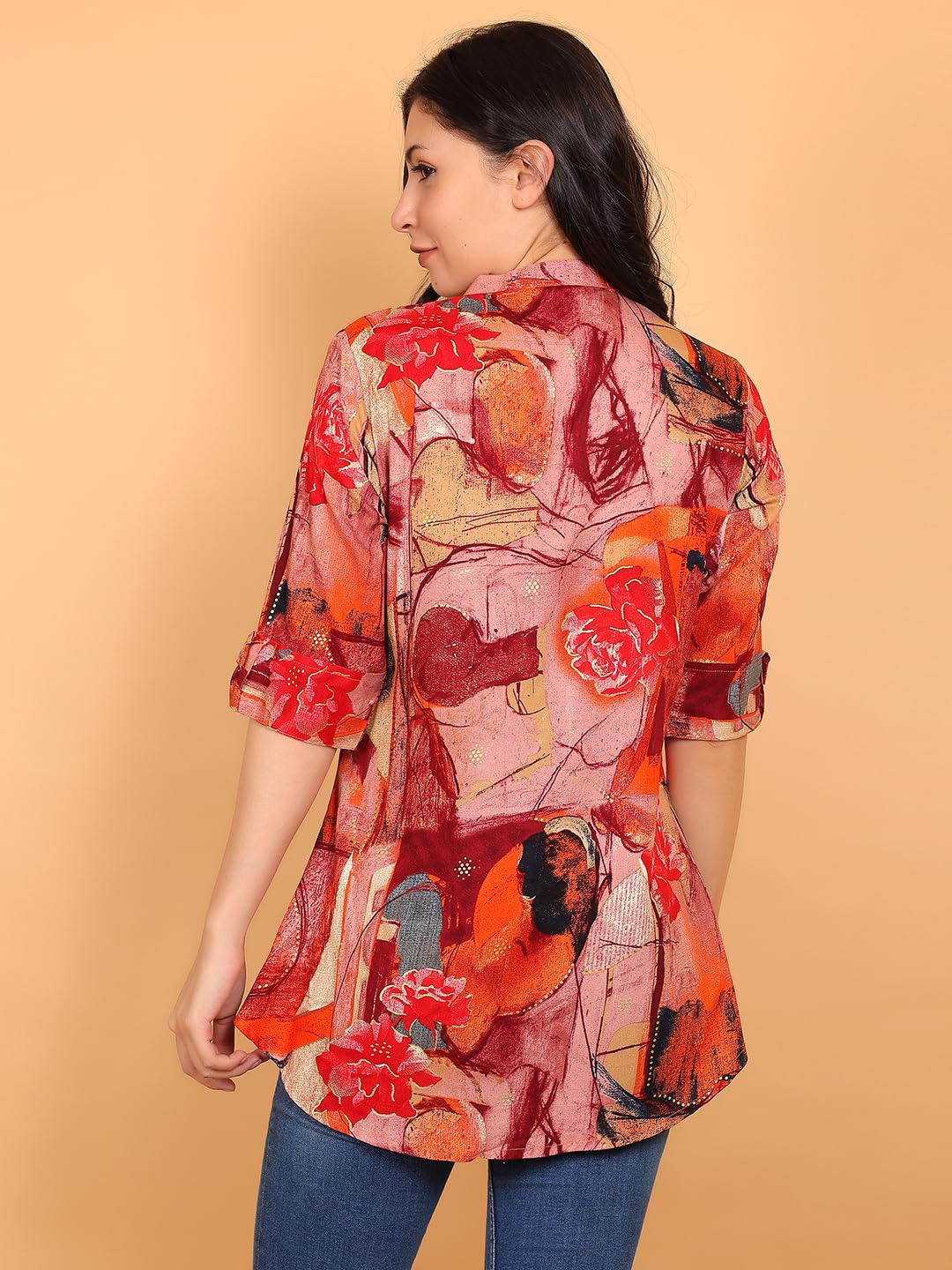 FIMS Orange Abstract Printed Rayon Kurti for Women - Image 2