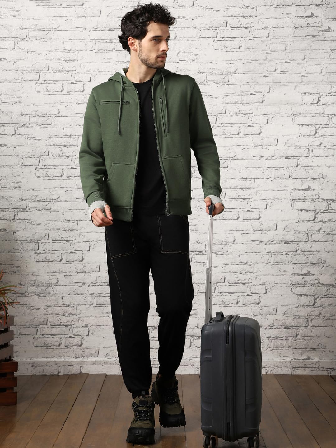 NOBERO Unisex Cotton Neck Hooded Sweatshirt - Olive Green - Image 2